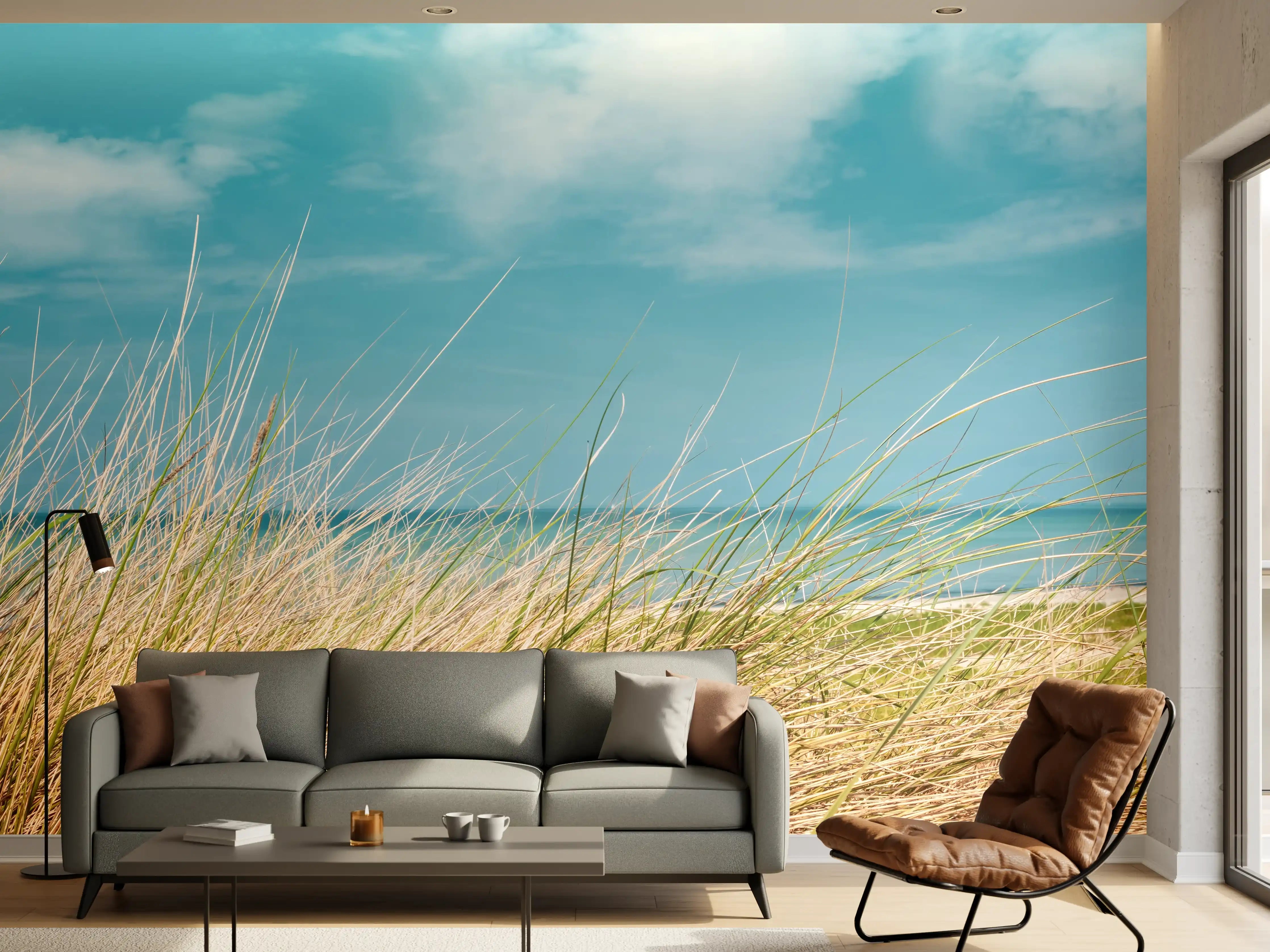 Wandverkleidung Wohnzimmer - Idyllischer Strand mit blühendem Gras