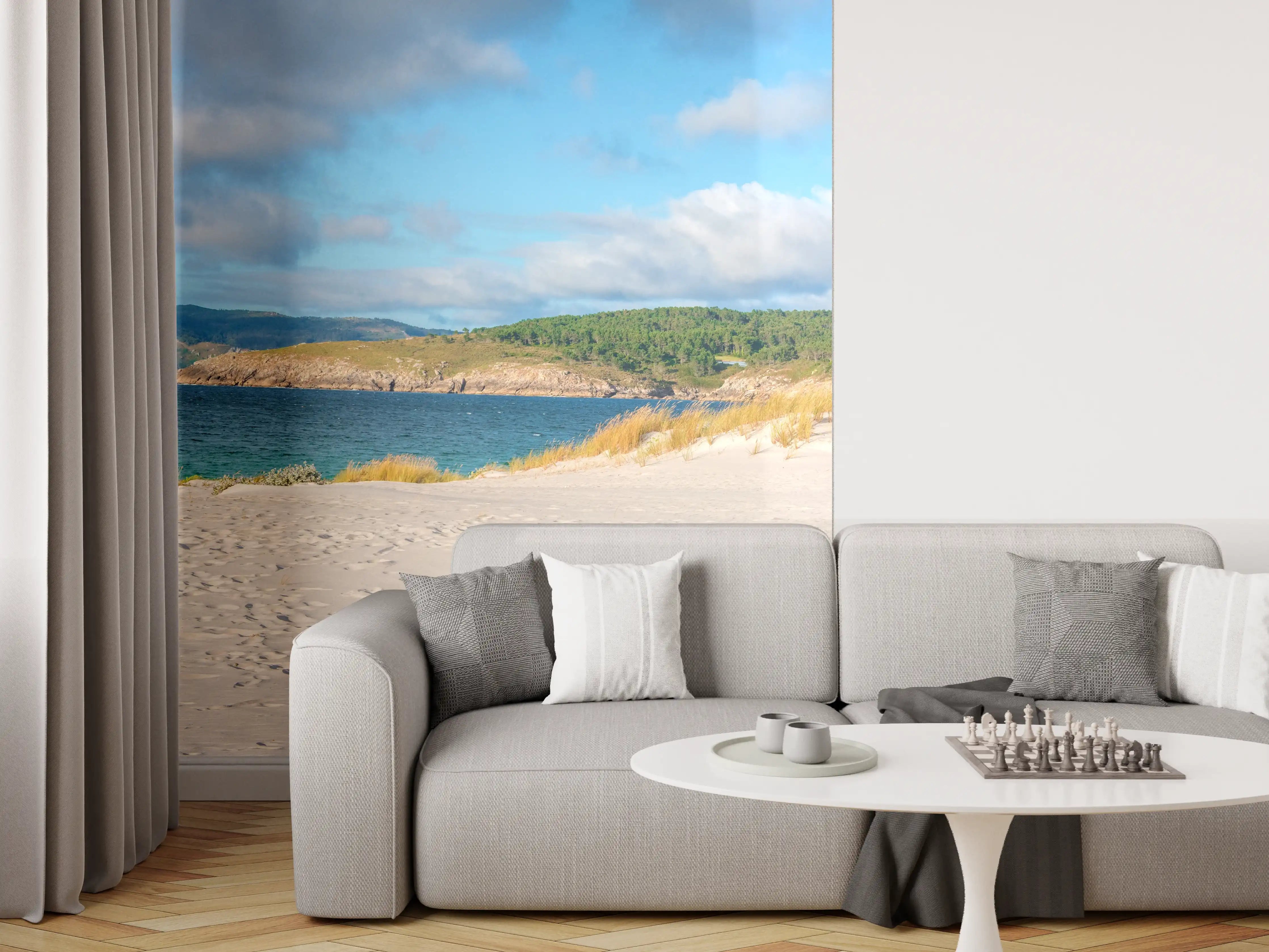 Wandverkleidung Wohnzimmer - Idyllischer Strand mit sanften Sanddünen
