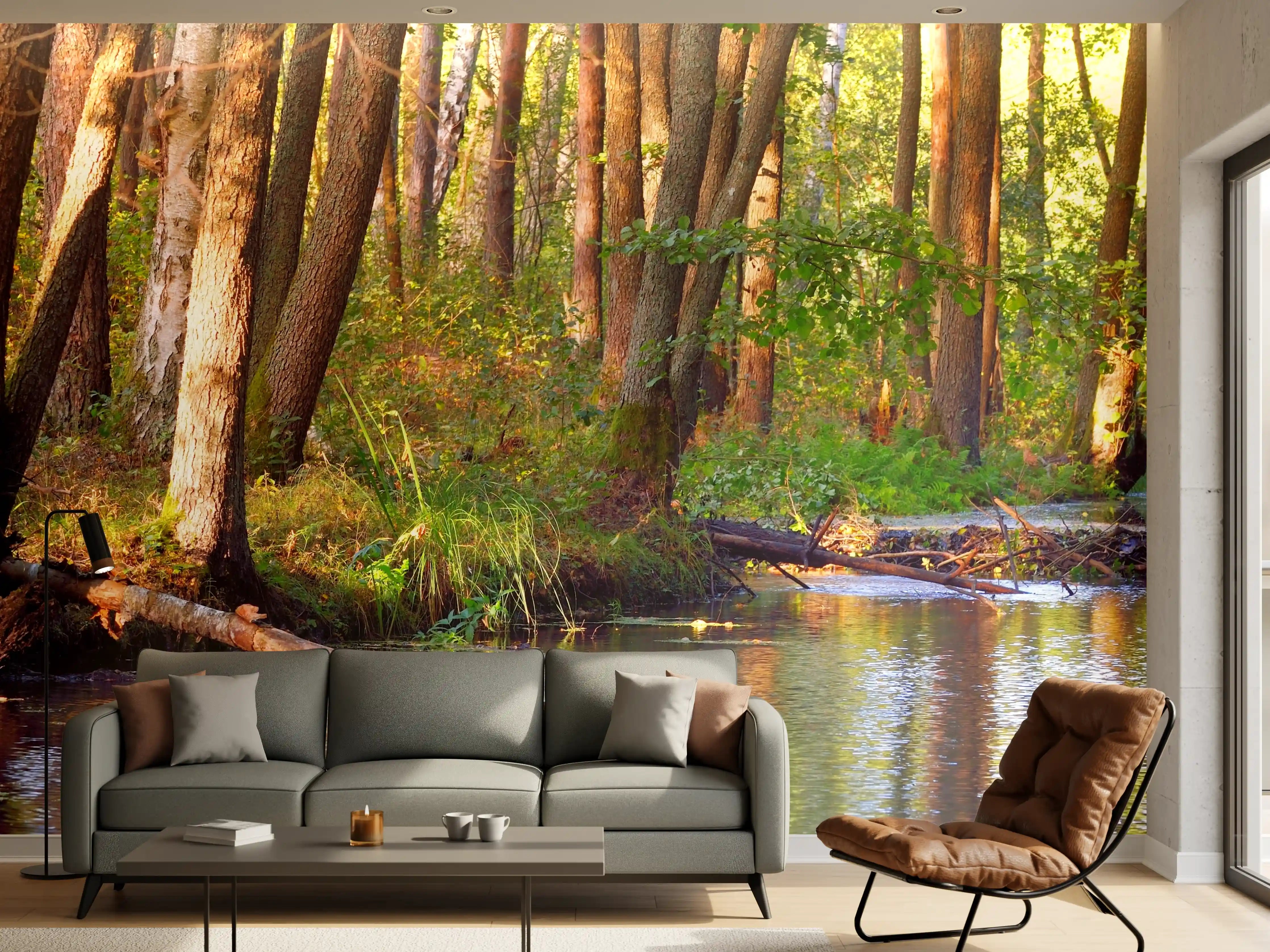 Wandverkleidung Wohnzimmer - Idyllischer Waldsee bei Sonnenlicht