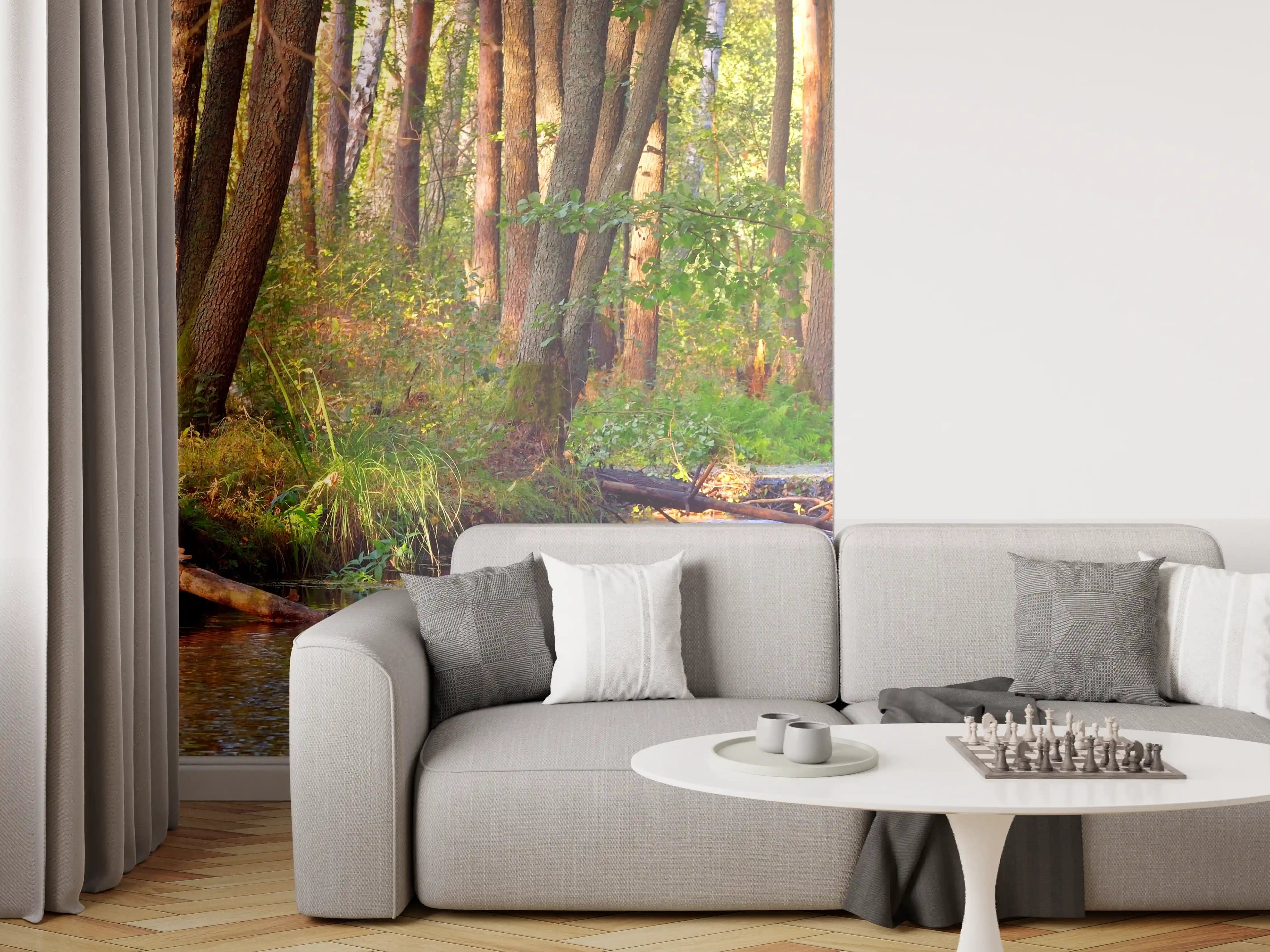 Wandverkleidung Wohnzimmer - Idyllischer Waldsee bei Sonnenlicht