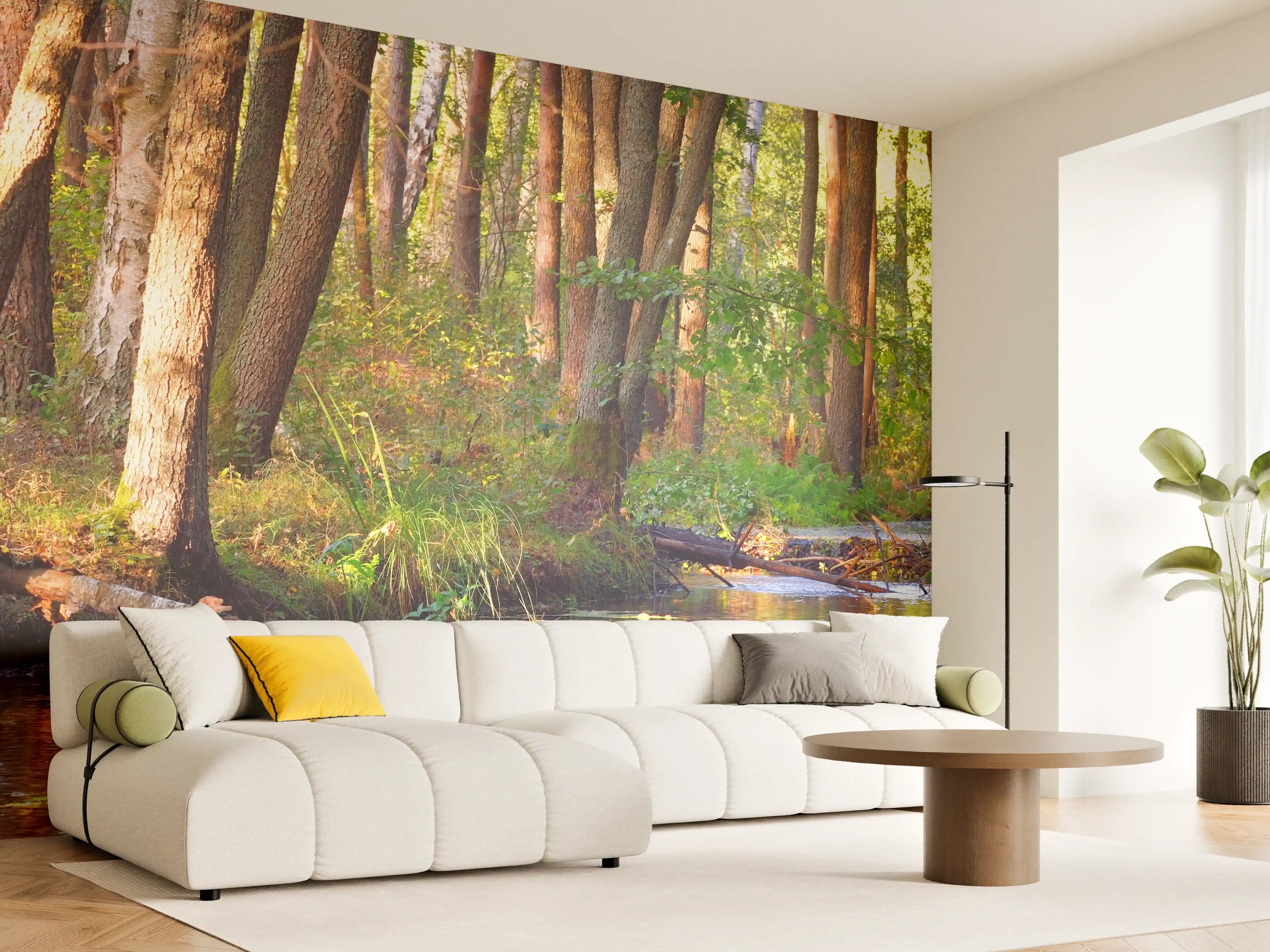 Wandverkleidung Wohnzimmer - Idyllischer Waldsee bei Sonnenlicht