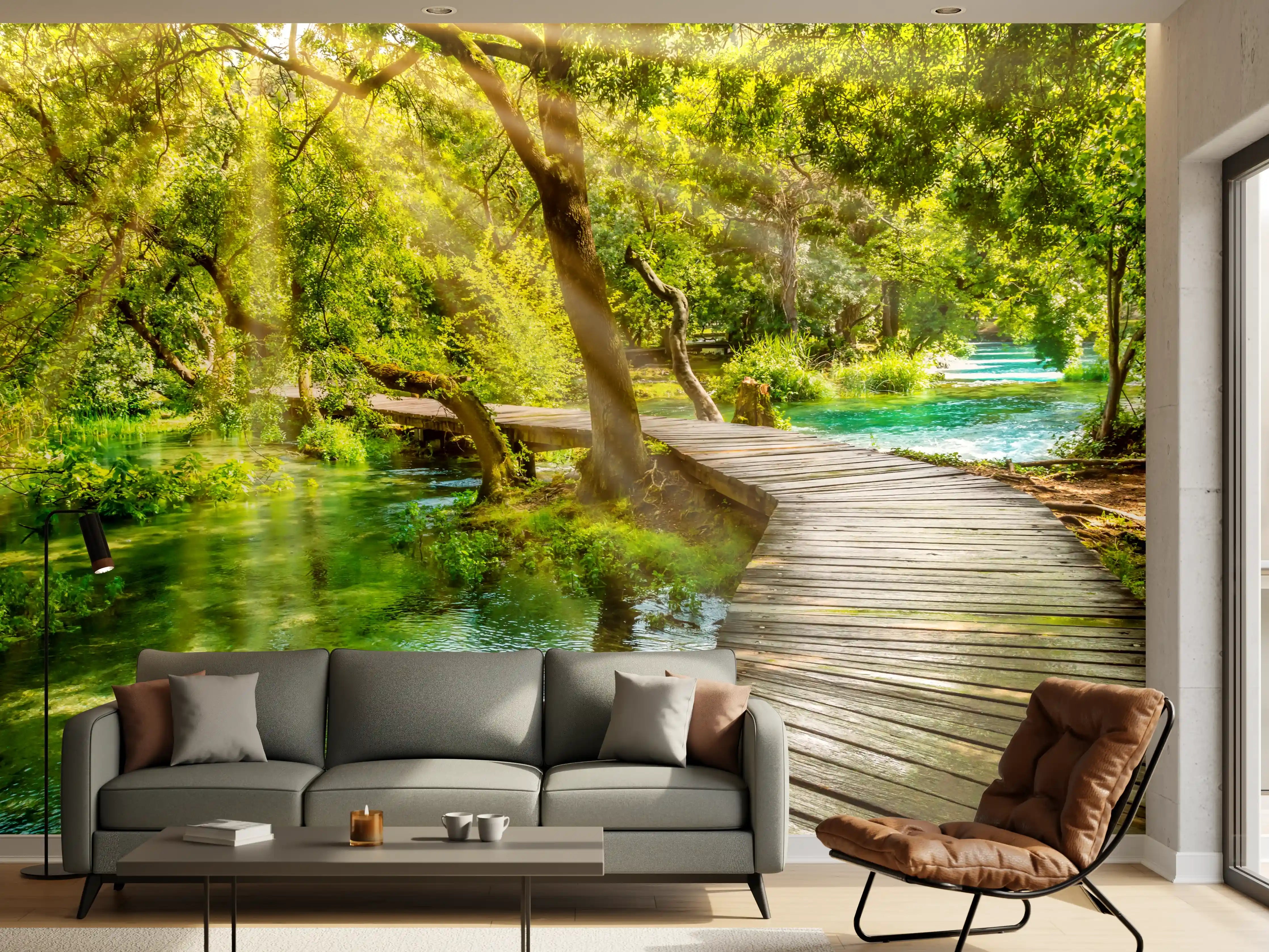 Wandverkleidung Wohnzimmer - Idyllischer Waldweg am Fluss
