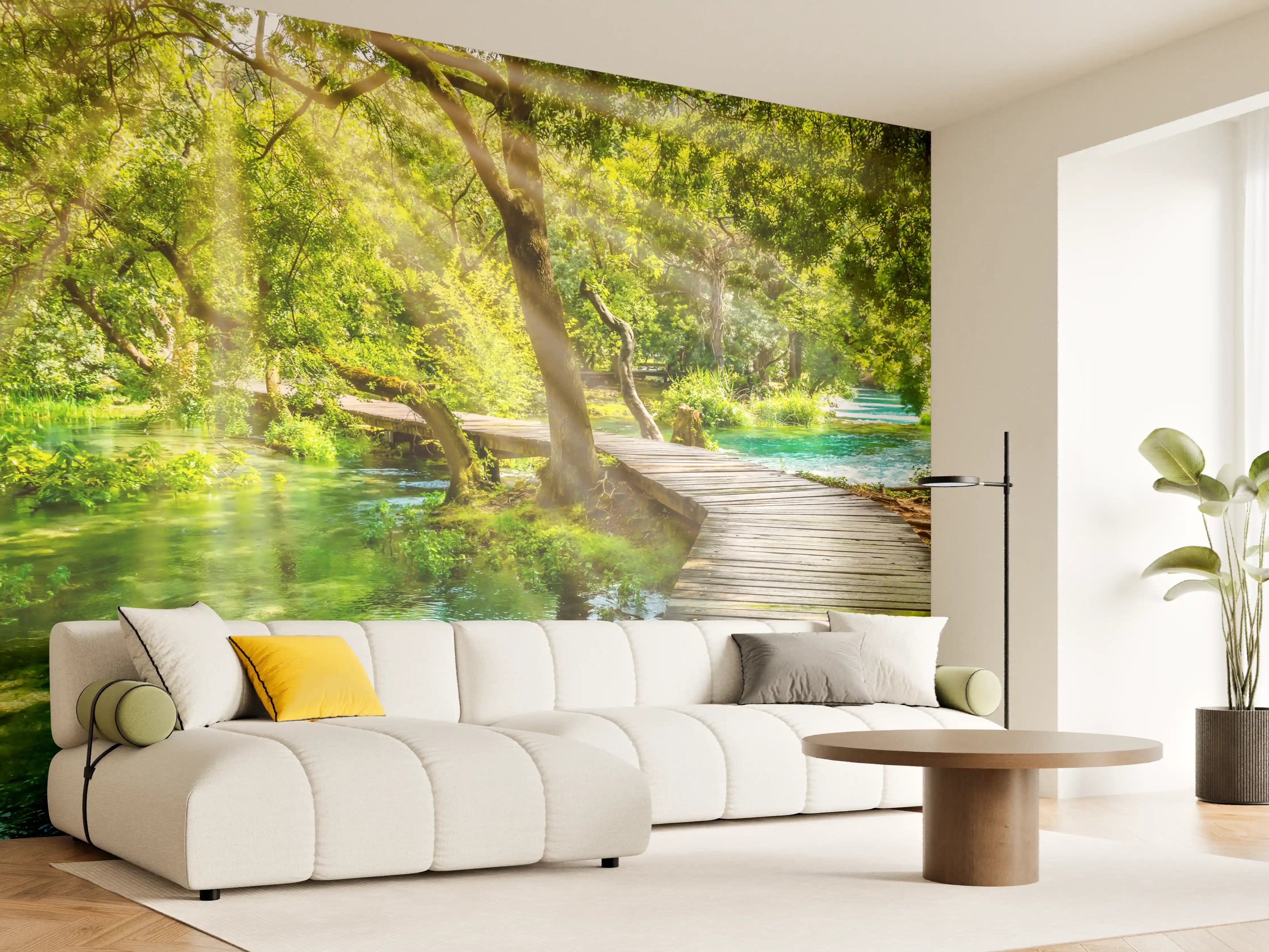 Wandverkleidung Wohnzimmer - Idyllischer Waldweg am Fluss