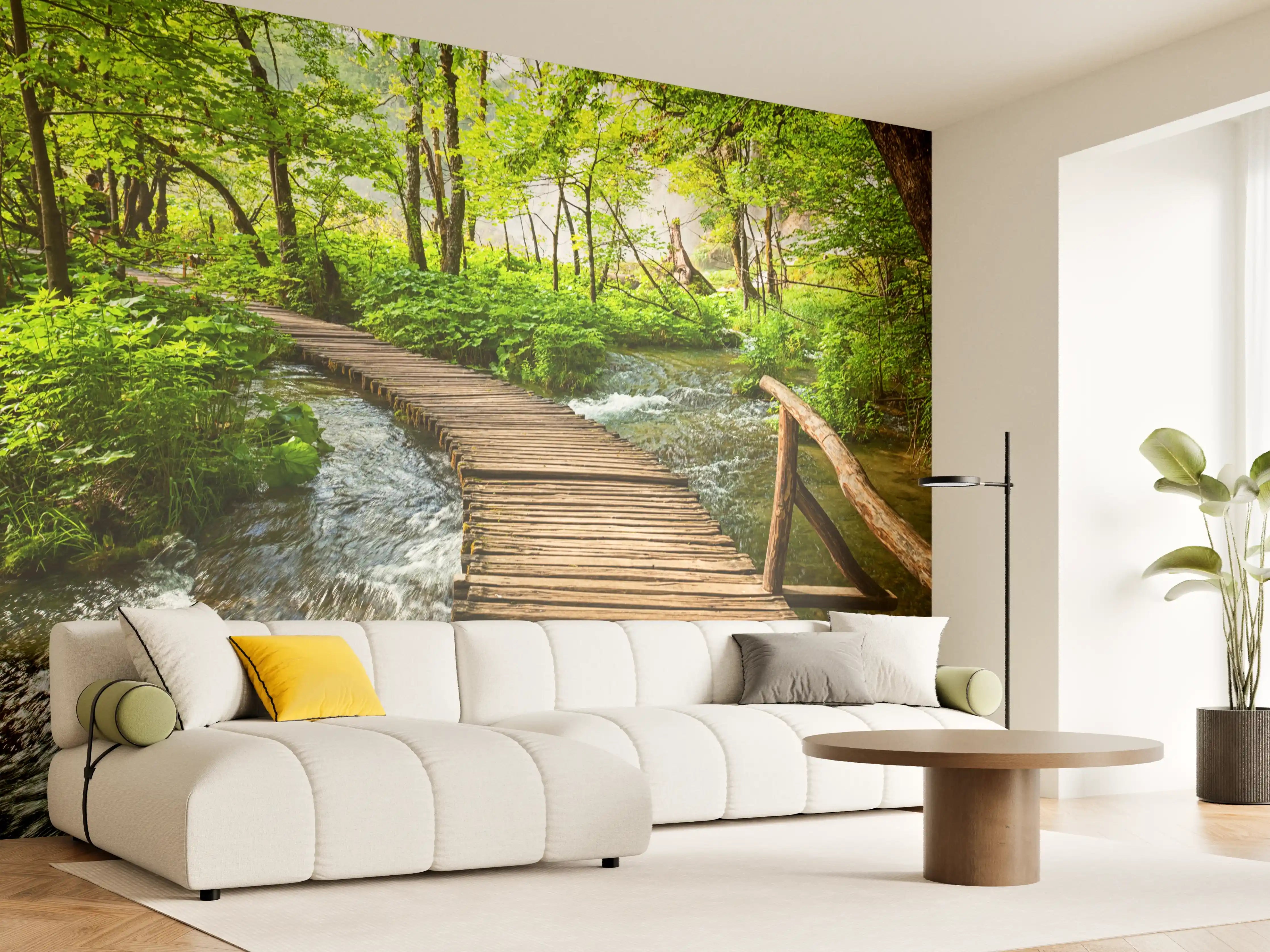 Wandverkleidung Wohnzimmer - Idyllischer Waldweg mit Fluss