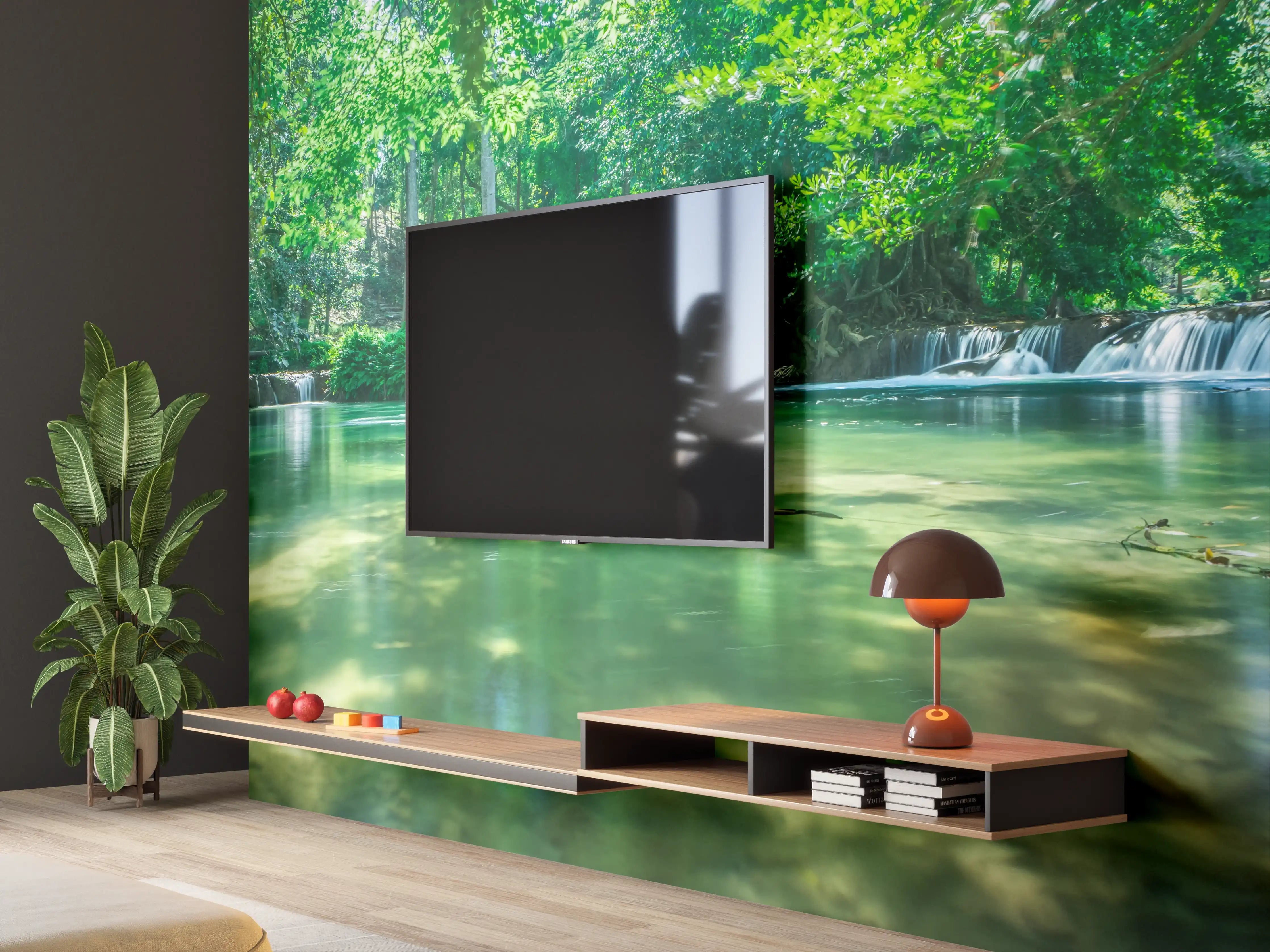 Wandverkleidung Wohnzimmer - Idyllischer Wasserfall im grünen Wald