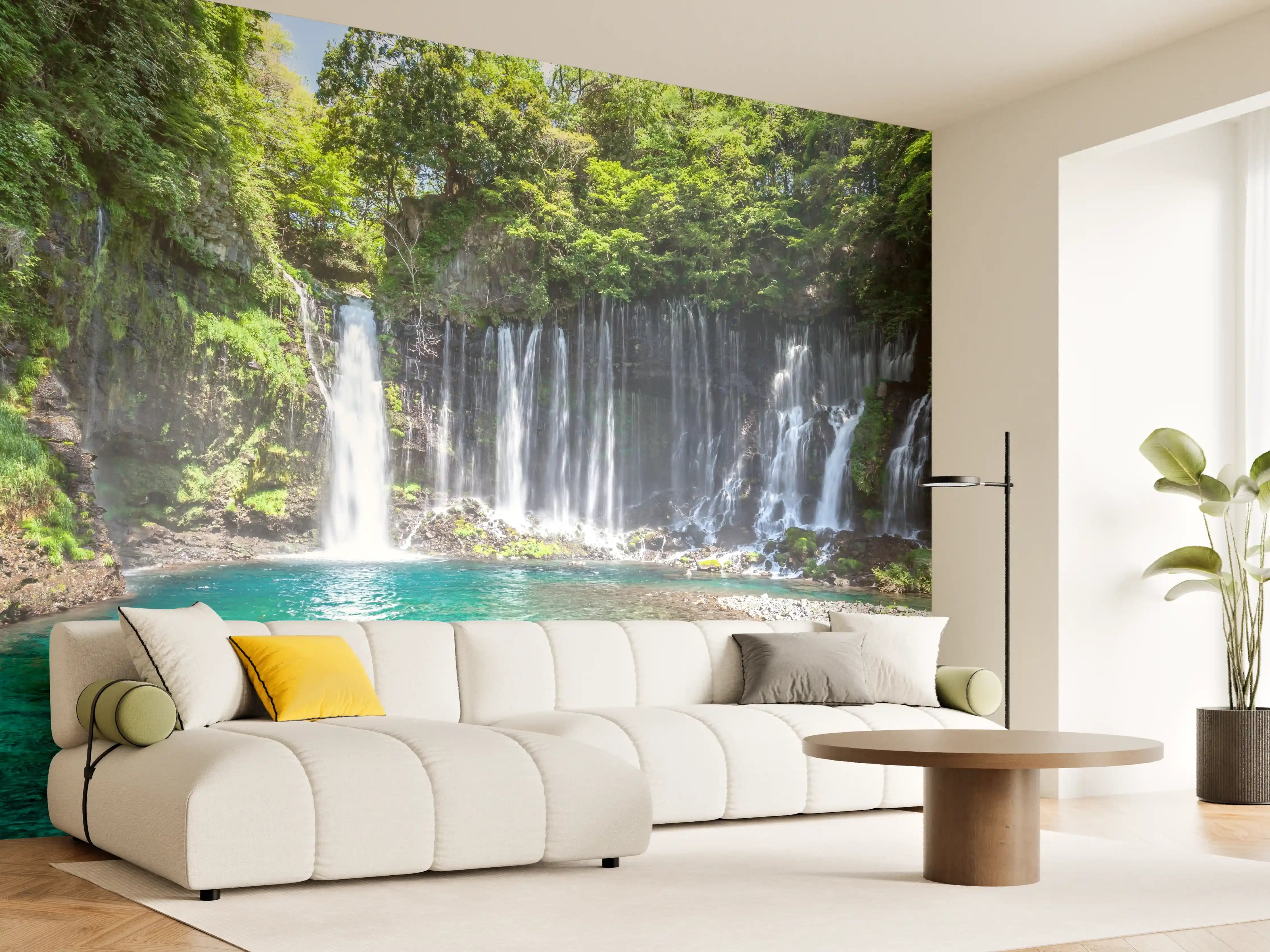 Wandverkleidung Wohnzimmer - Idyllischer Wasserfall inmitten der Natur