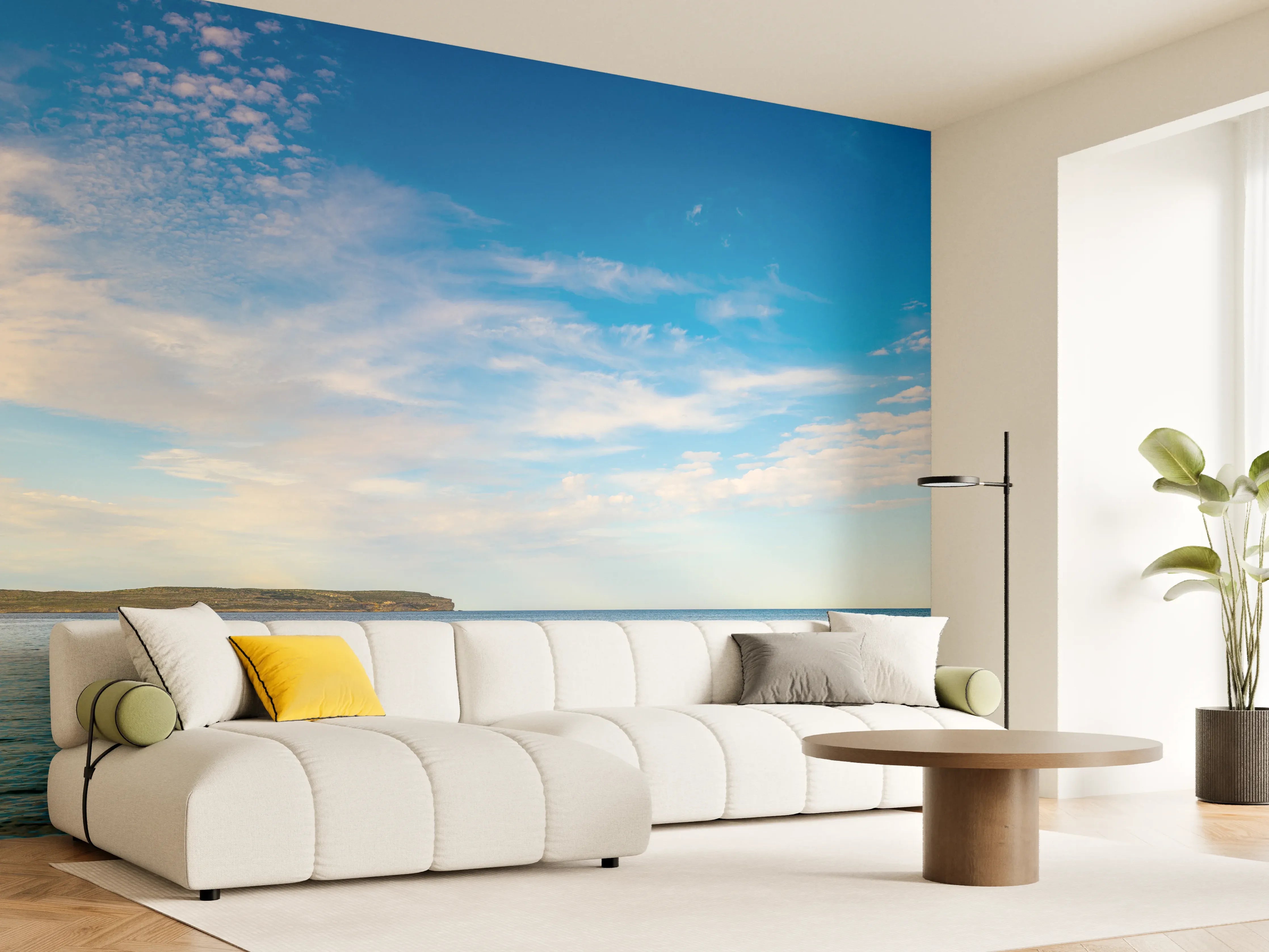 Wandverkleidung Wohnzimmer - Idyllischer blauer Meereshorizont mit Wolken