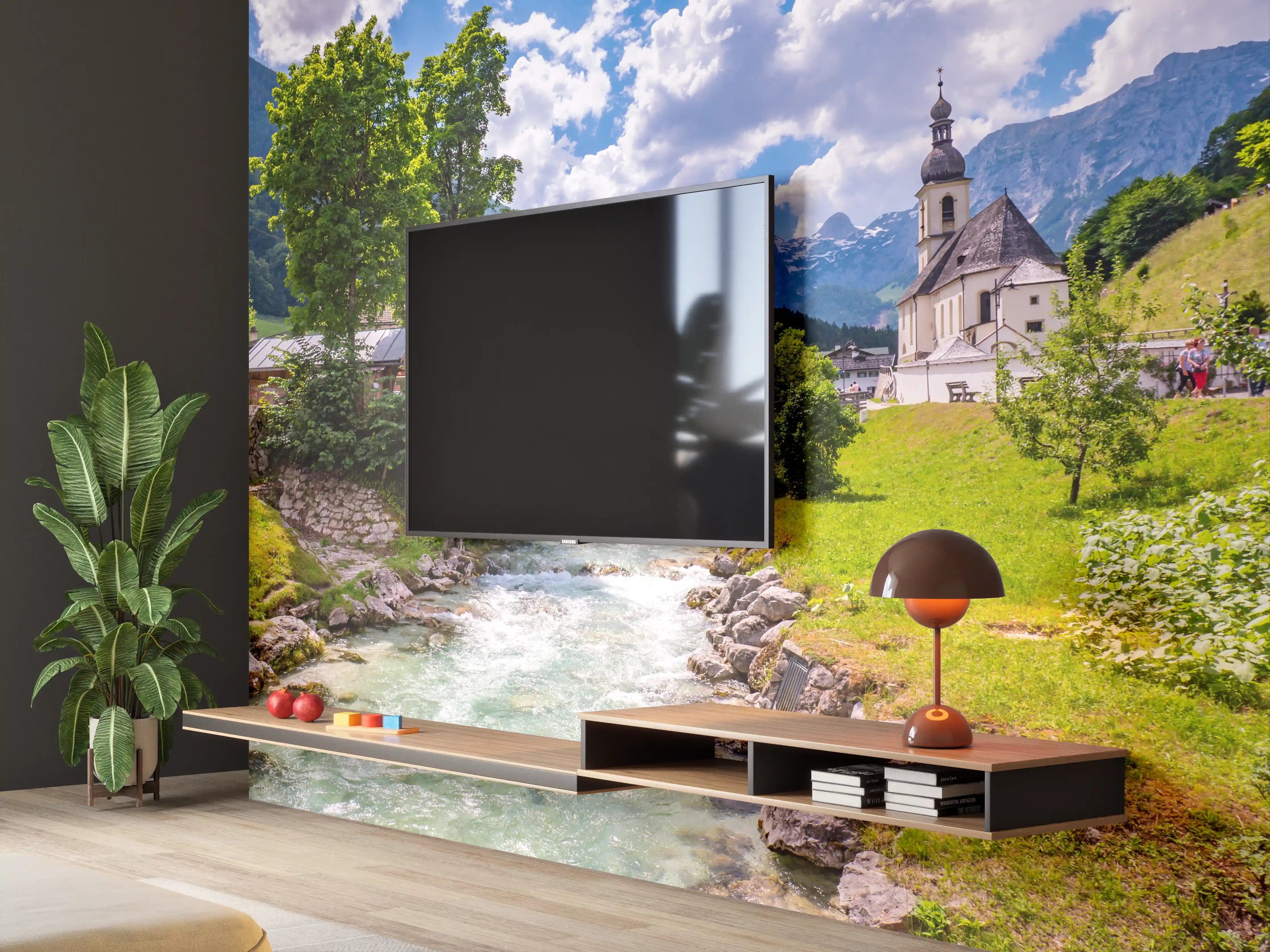 Wandverkleidung Wohnzimmer - Idyllisches Bergdorf mit Fluss und Kirche