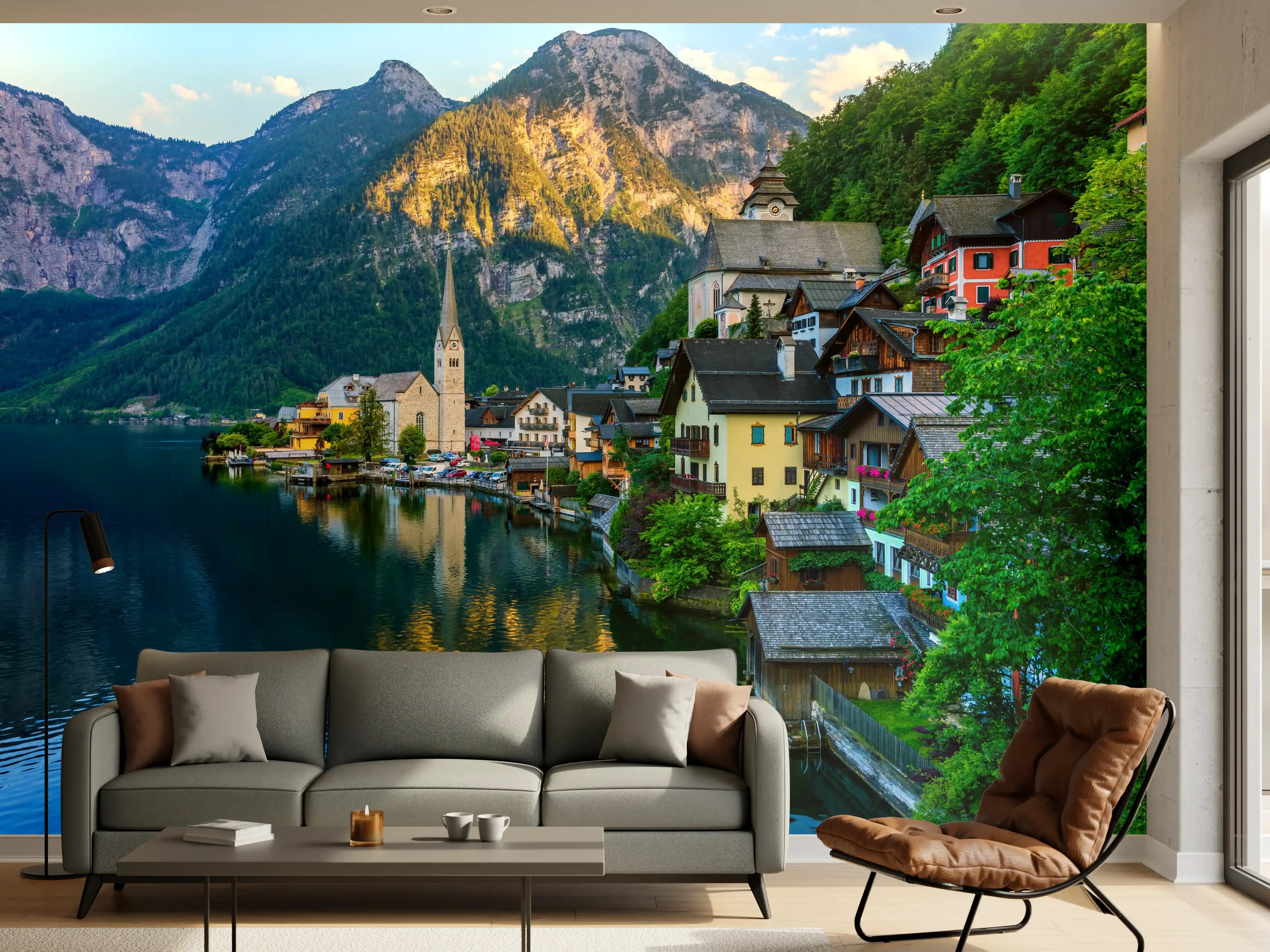 Wandverkleidung Wohnzimmer - Idyllisches Dorf am See vor beeindruckenden Bergen