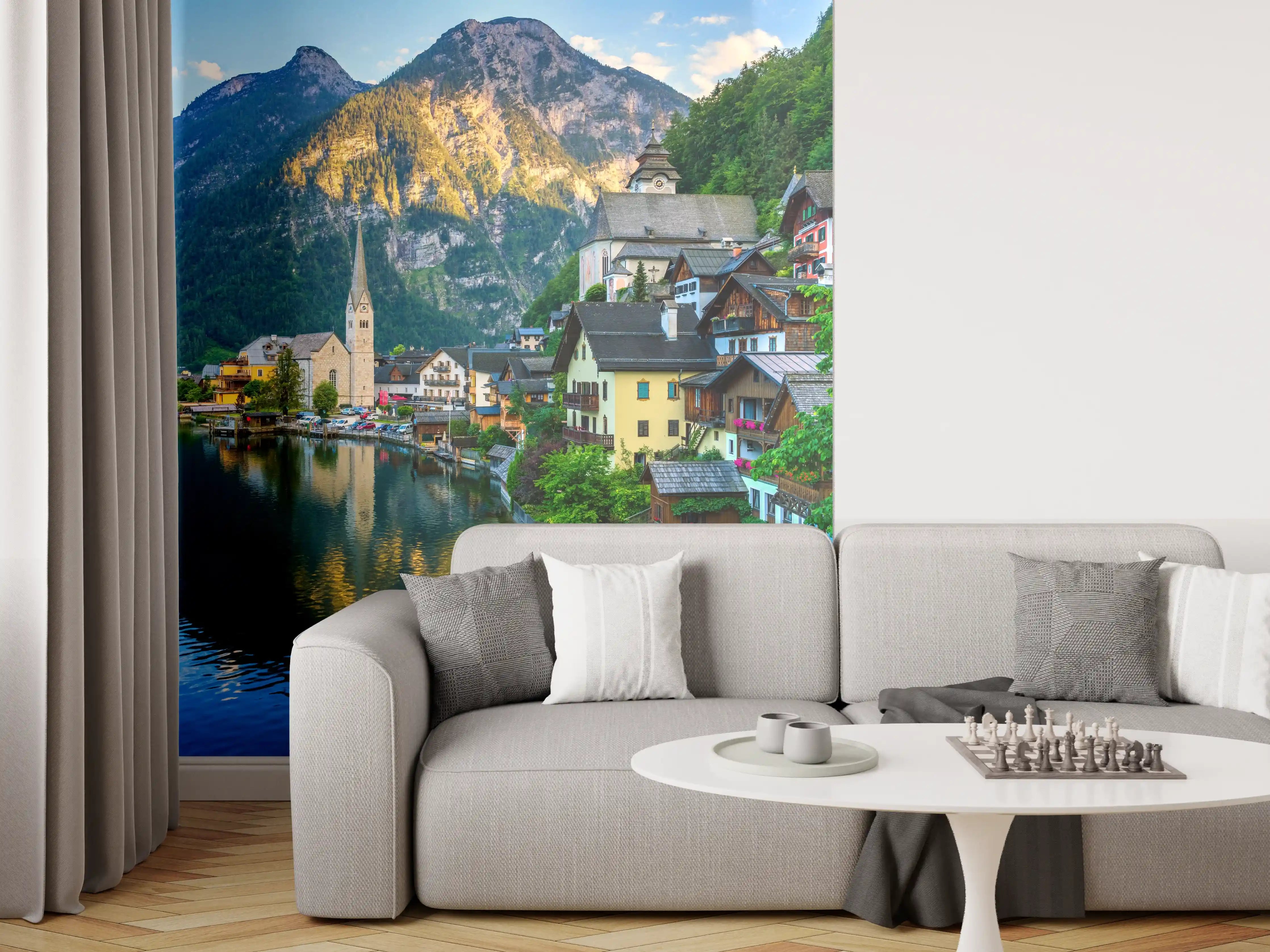 Wandverkleidung Wohnzimmer - Idyllisches Dorf am See vor beeindruckenden Bergen