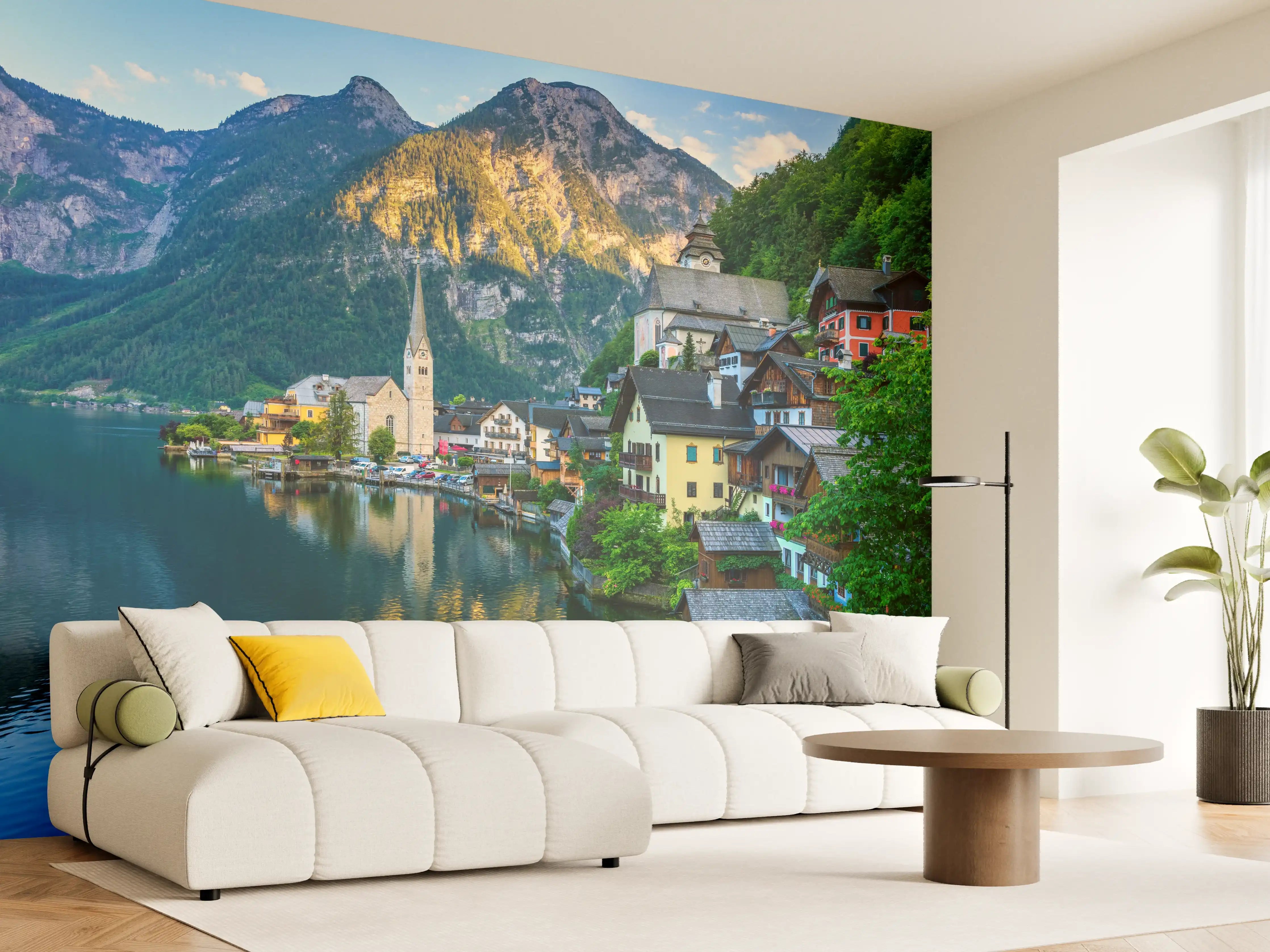 Wandverkleidung Wohnzimmer - Idyllisches Dorf am See vor beeindruckenden Bergen