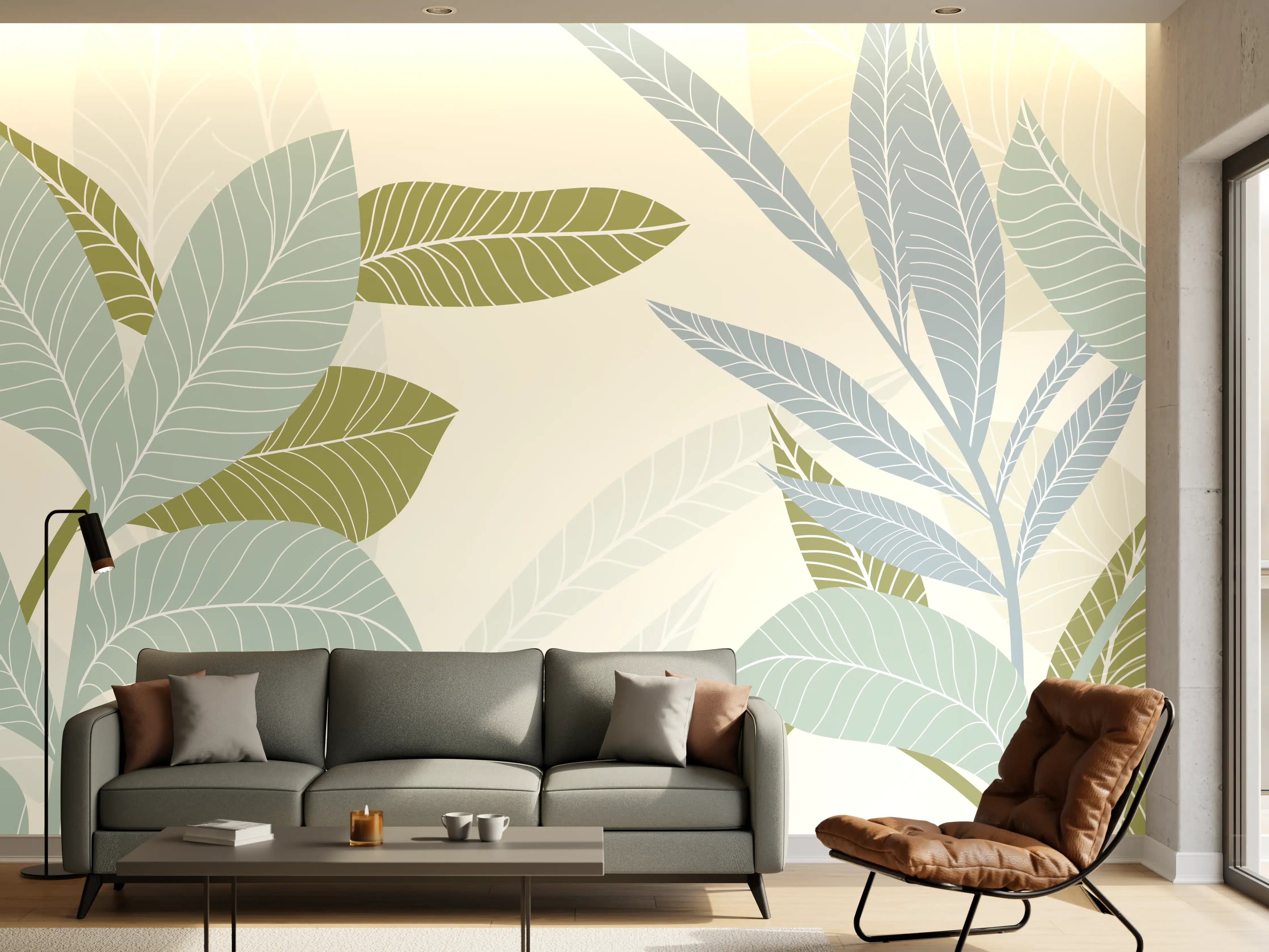 Wandverkleidung Wohnzimmer - Illustrierte Blättermotiv Tapete