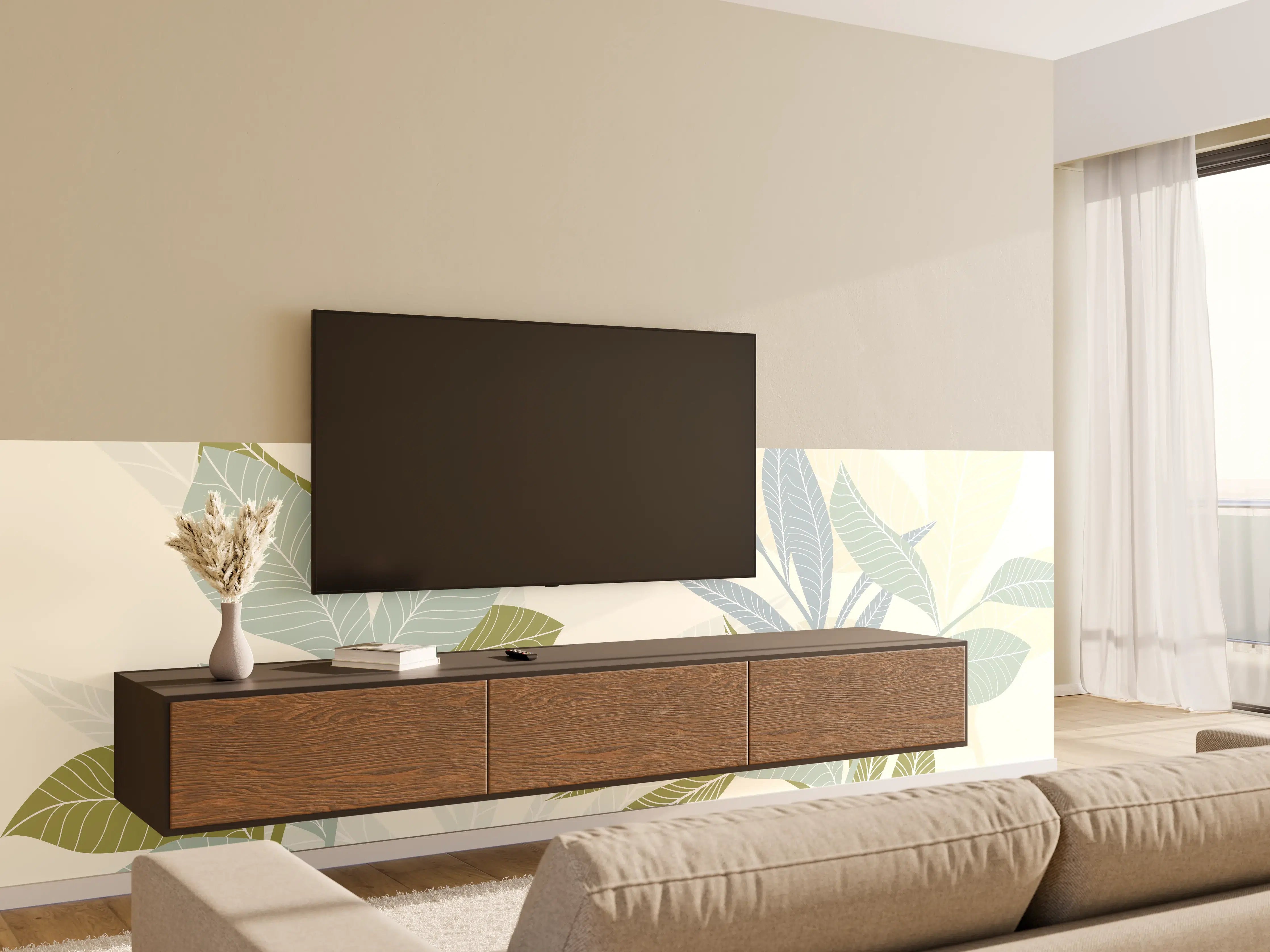 Wandverkleidung Wohnzimmer - Illustrierte Blättermotiv Tapete