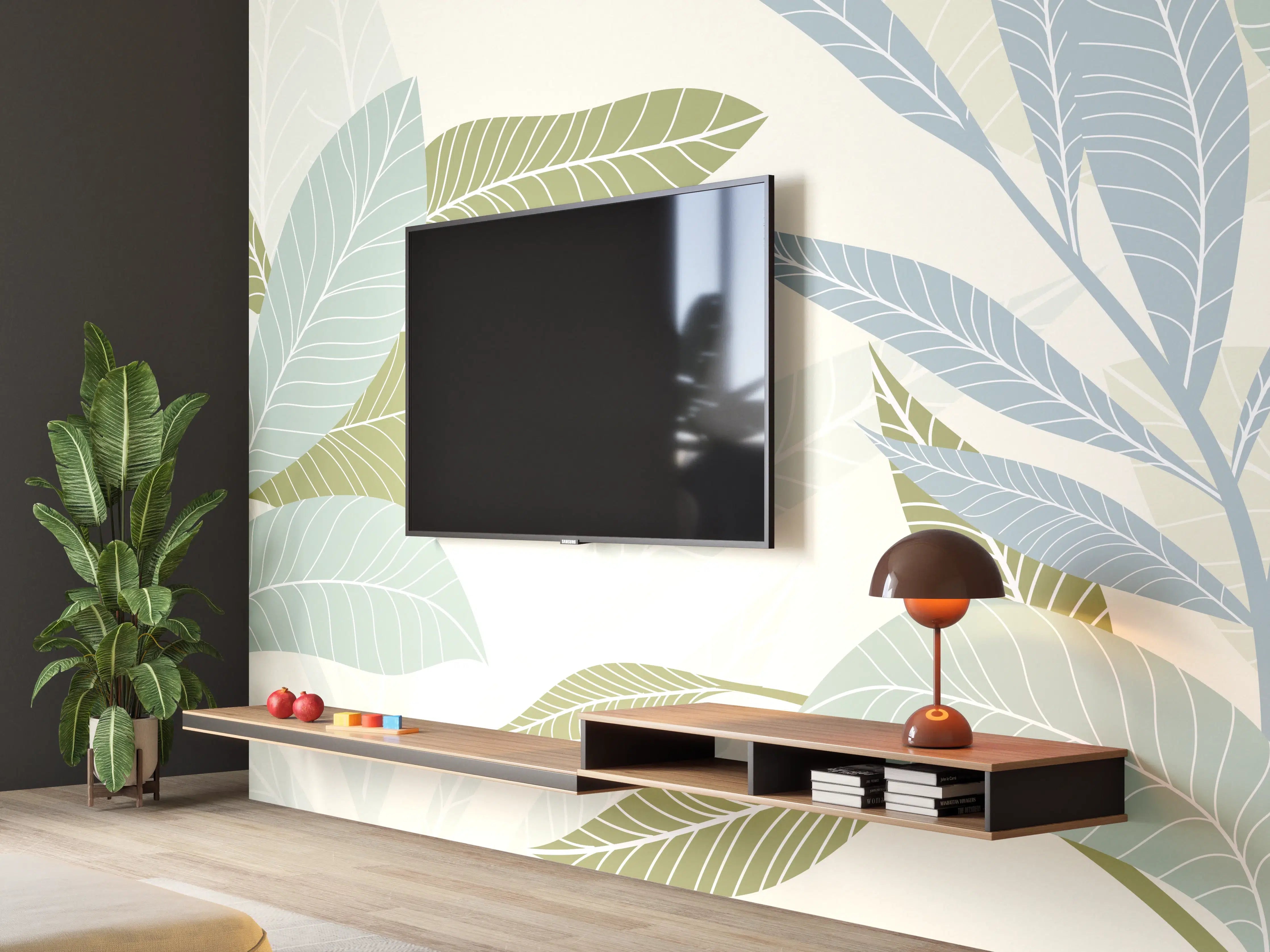 Wandverkleidung Wohnzimmer - Illustrierte Blättermotiv Tapete
