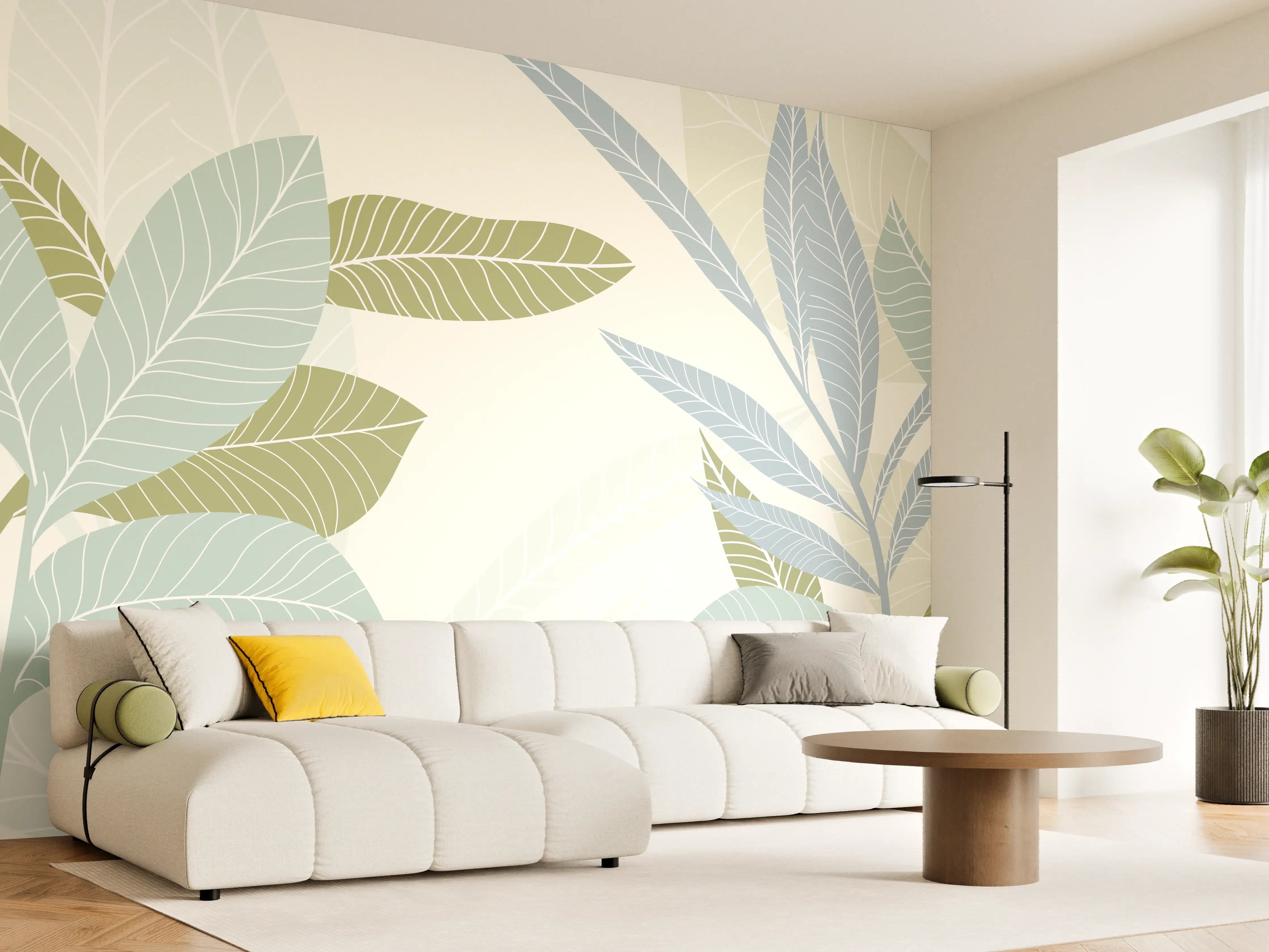 Wandverkleidung Wohnzimmer - Illustrierte Blättermotiv Tapete