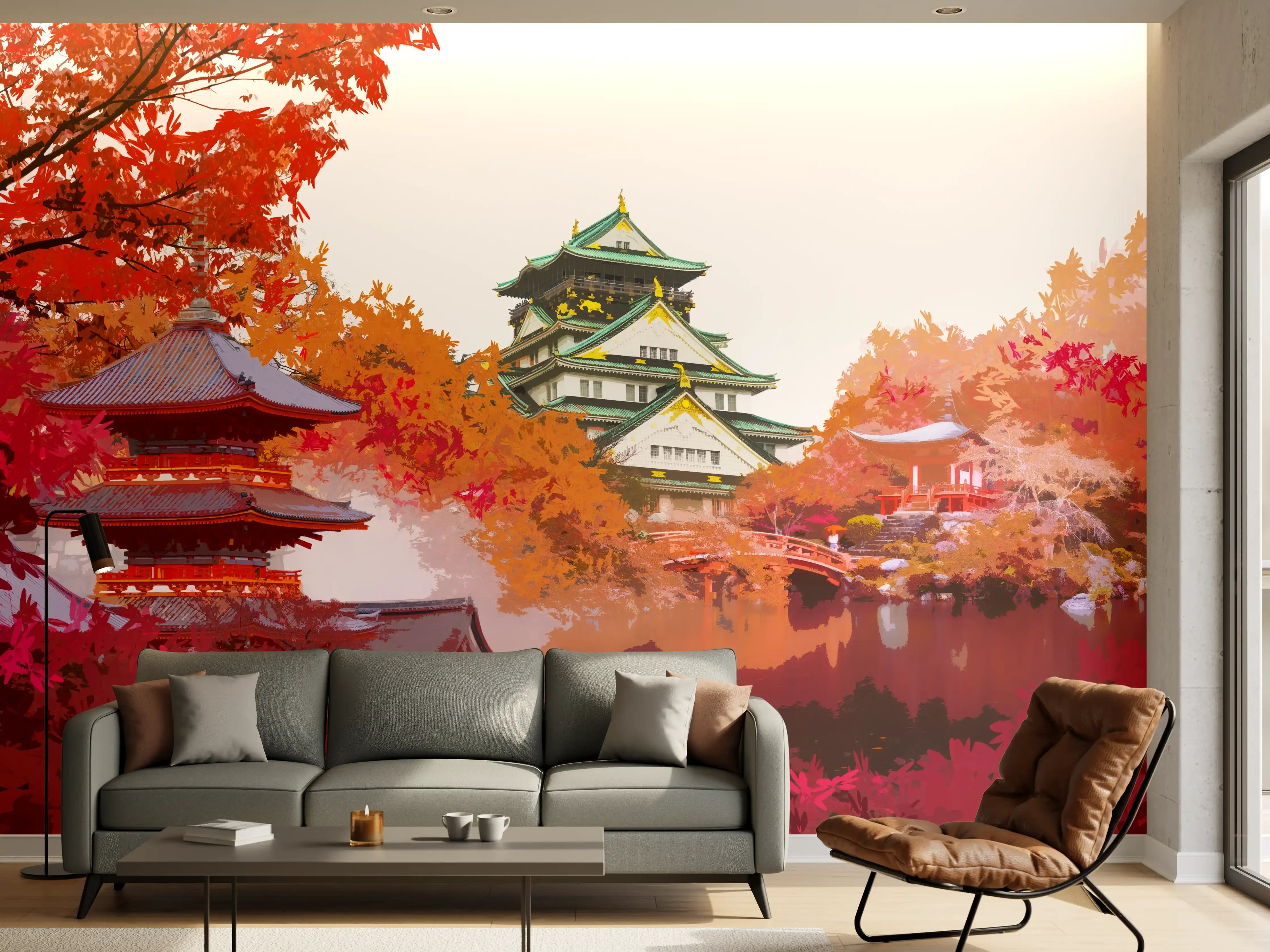Wandverkleidung Wohnzimmer - Impression eines japanischen Landschaftswegs bei Herbstfarben