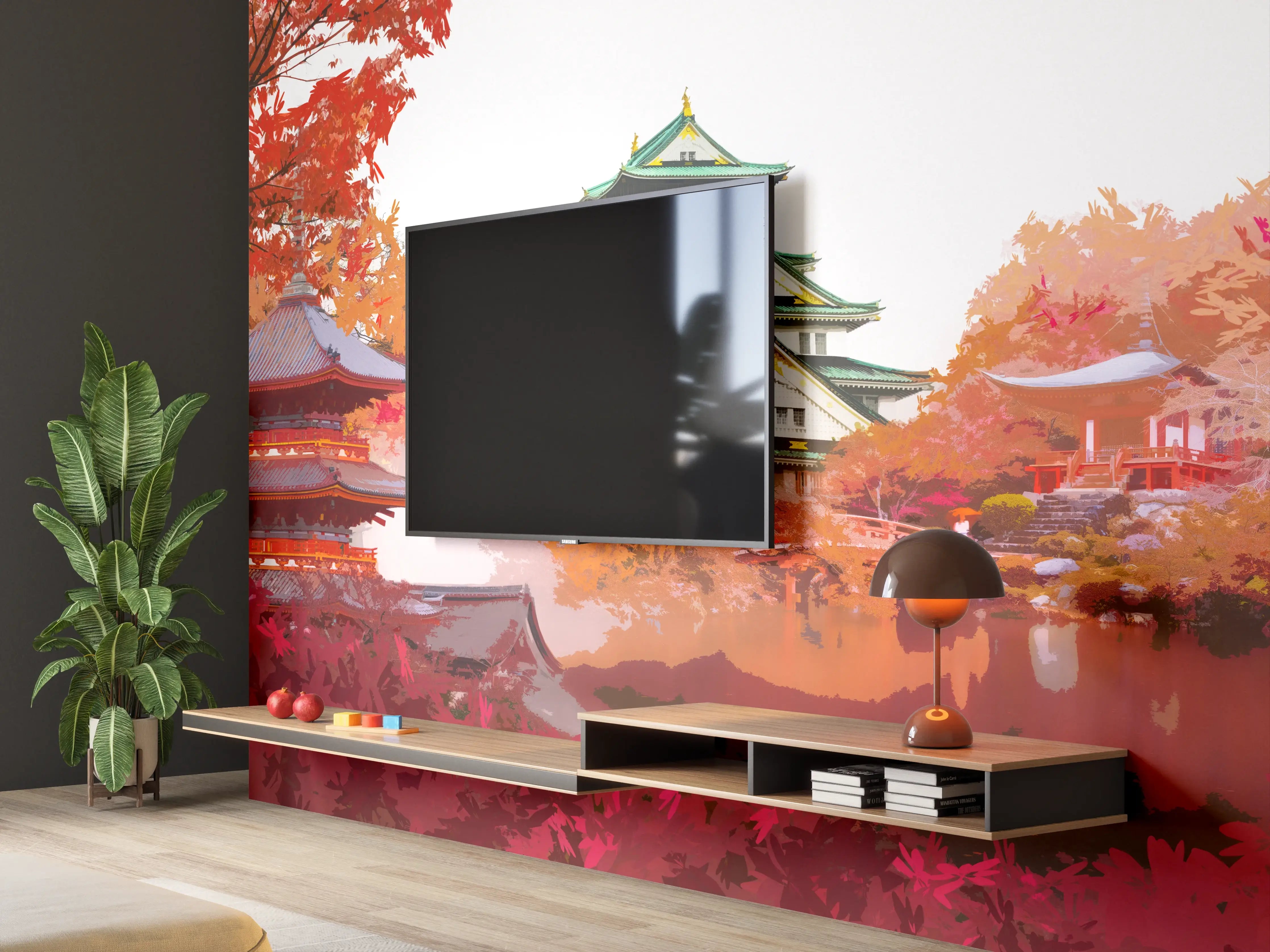 Wandverkleidung Wohnzimmer - Impression eines japanischen Landschaftswegs bei Herbstfarben