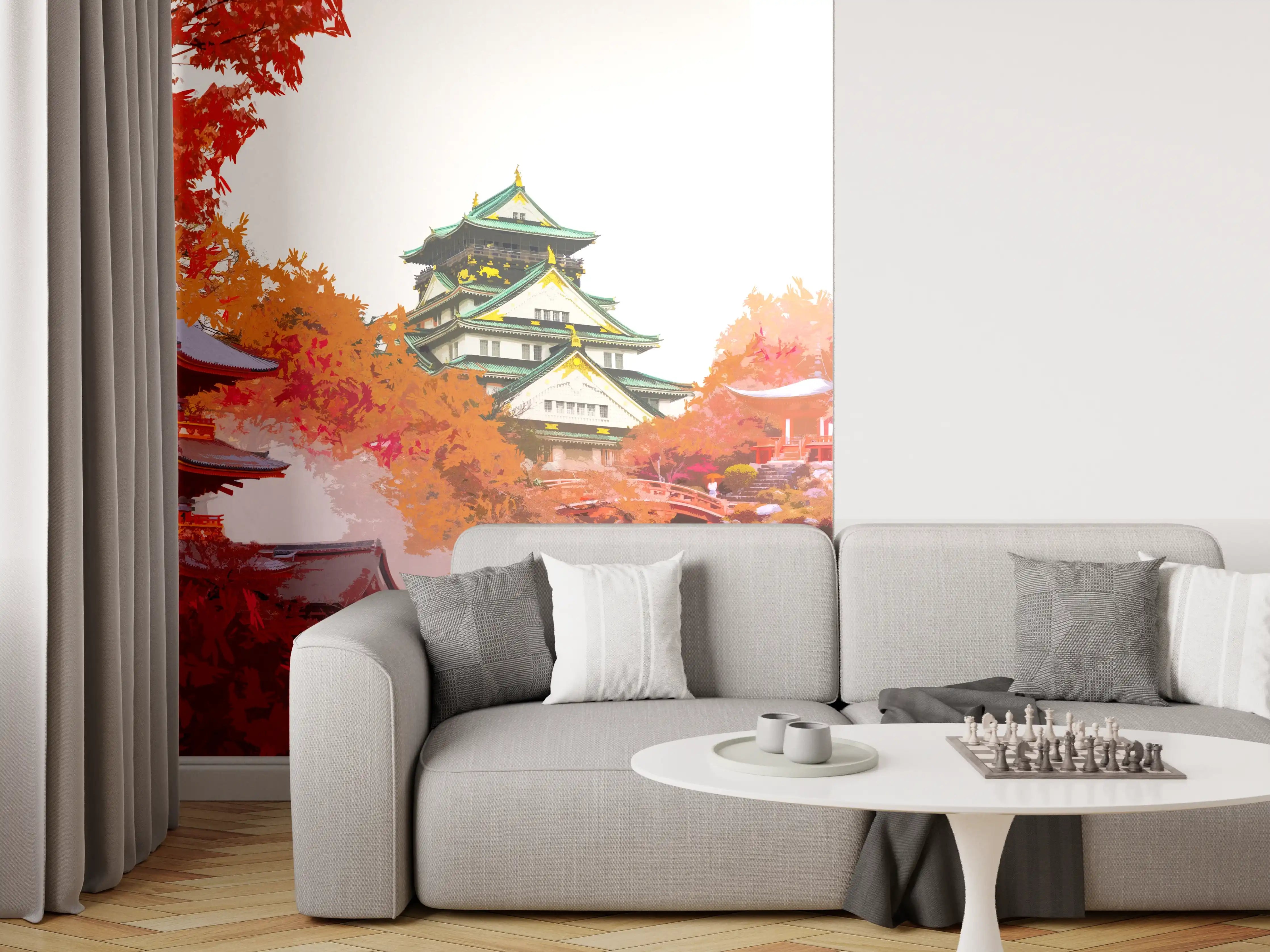 Wandverkleidung Wohnzimmer - Impression eines japanischen Landschaftswegs bei Herbstfarben