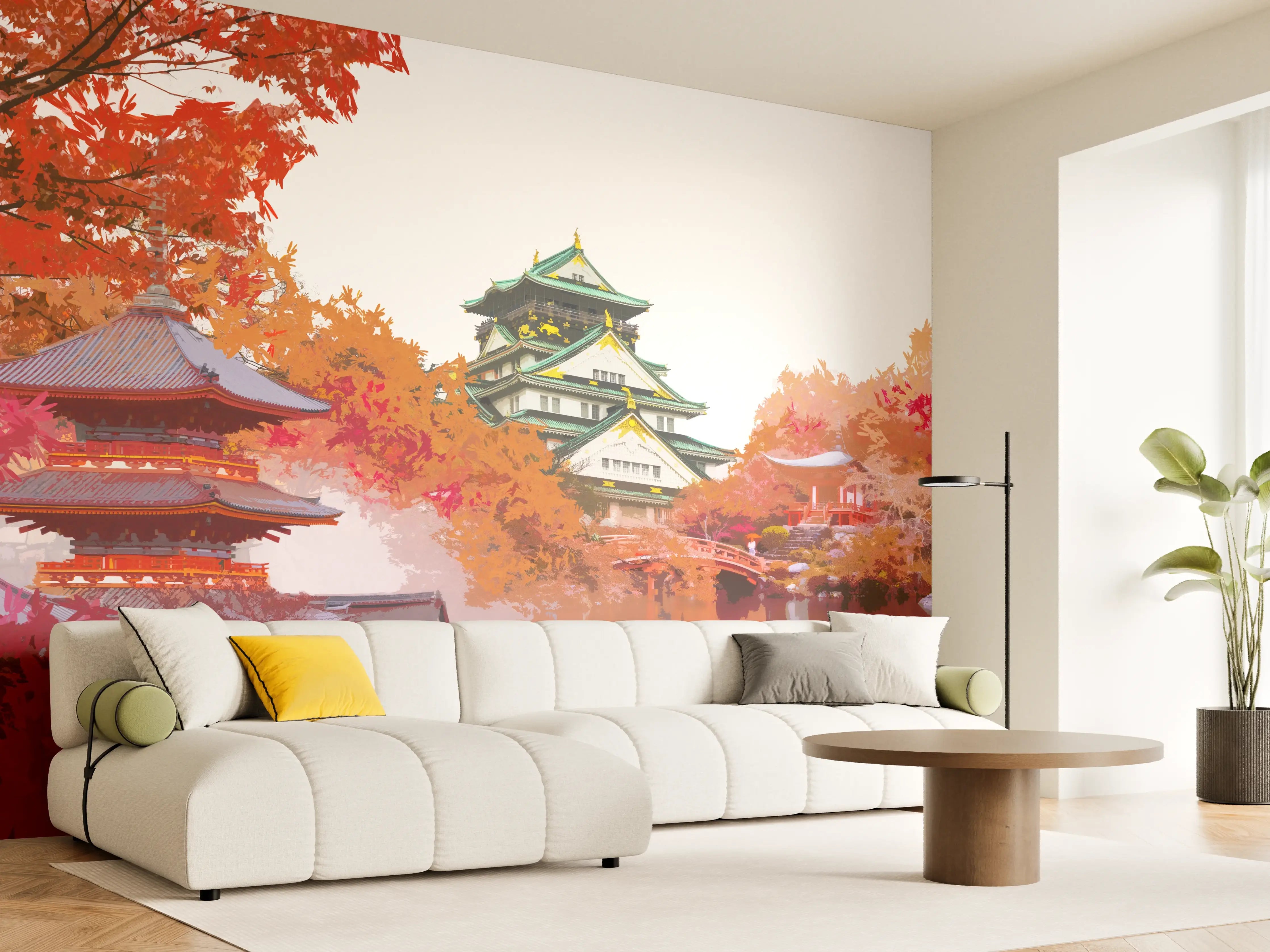 Wandverkleidung Wohnzimmer - Impression eines japanischen Landschaftswegs bei Herbstfarben
