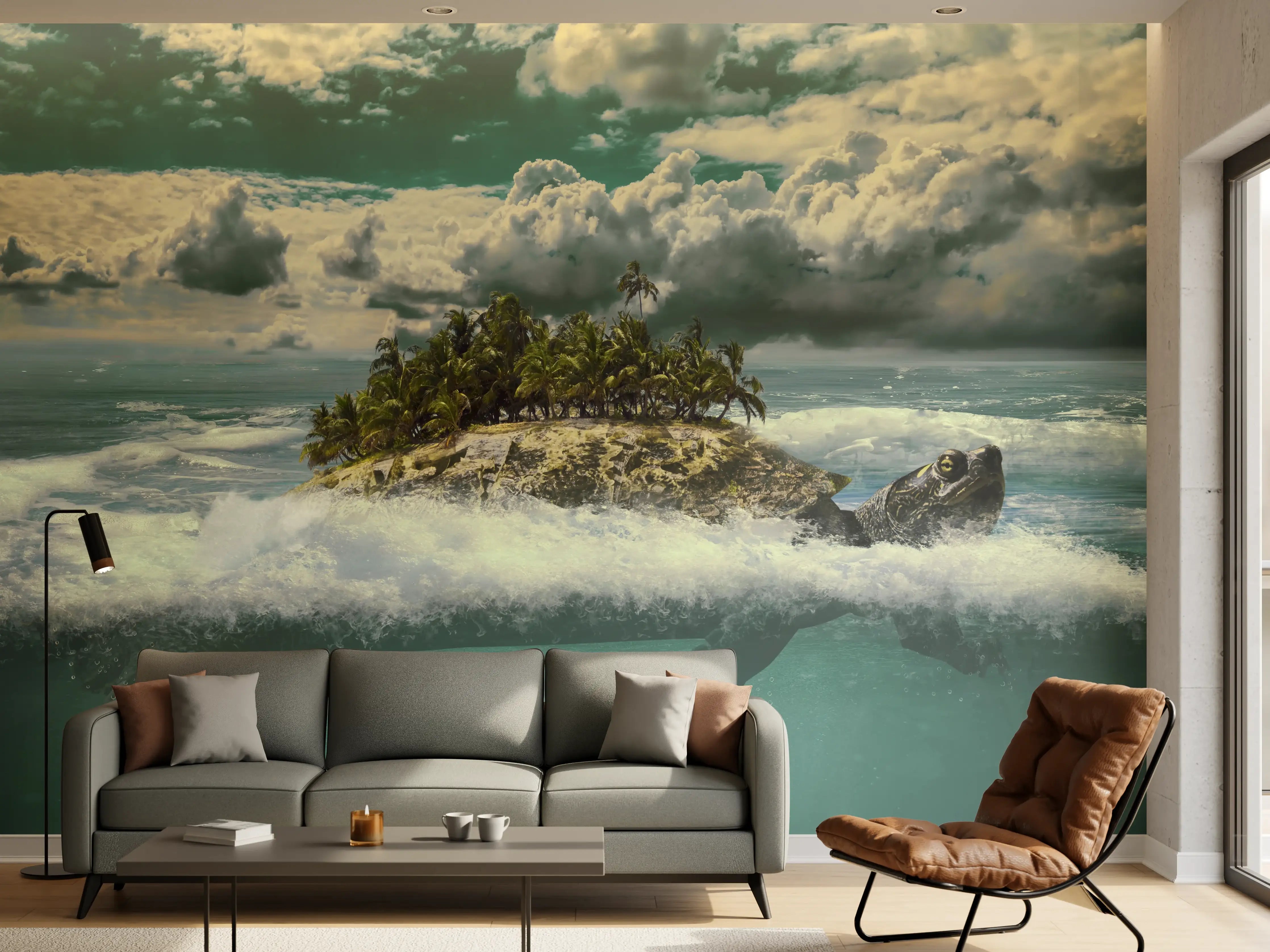 Wandverkleidung Wohnzimmer - Insel im Meer mit unterwasseransicht