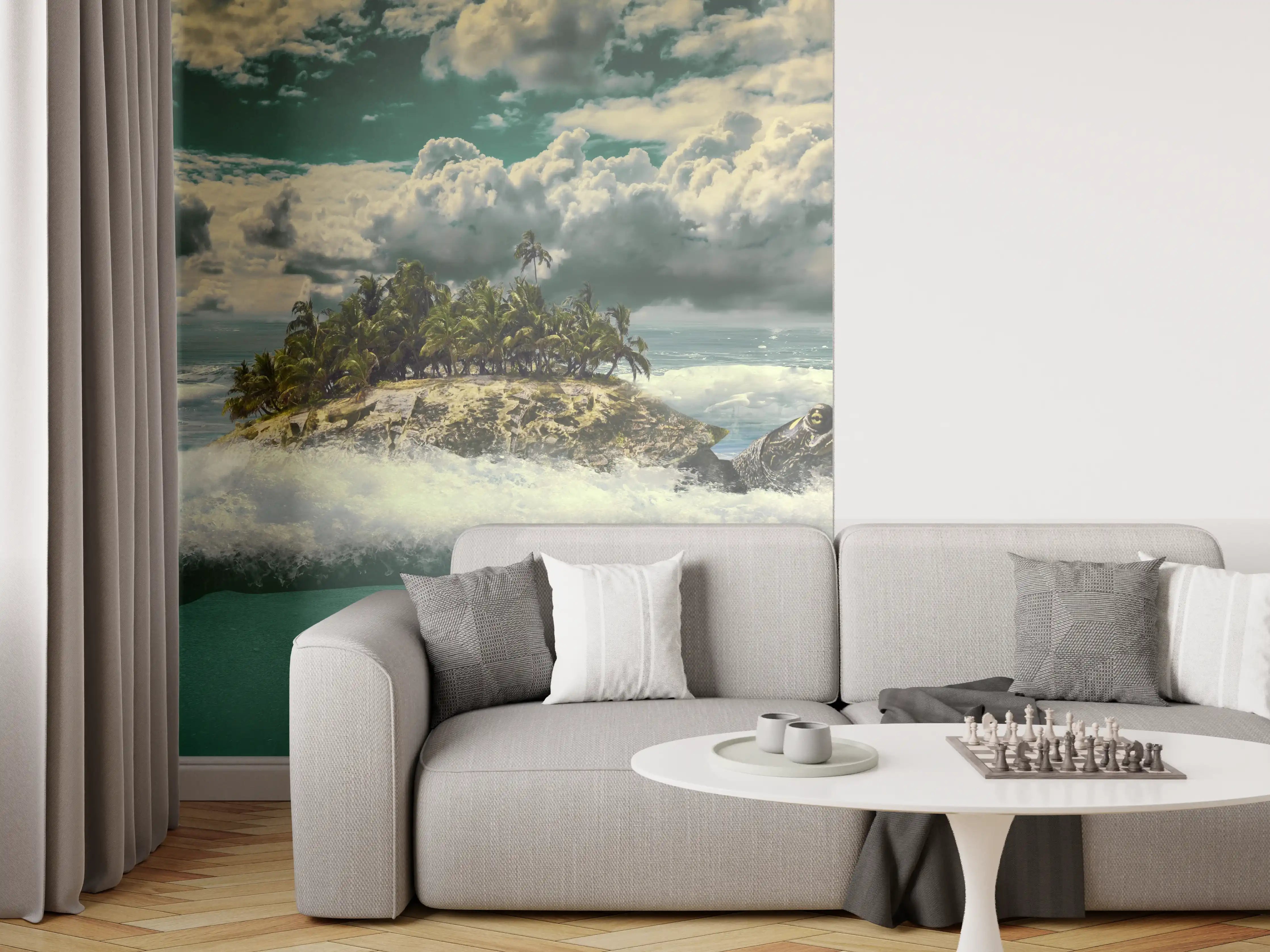 Wandverkleidung Wohnzimmer - Insel im Meer mit unterwasseransicht