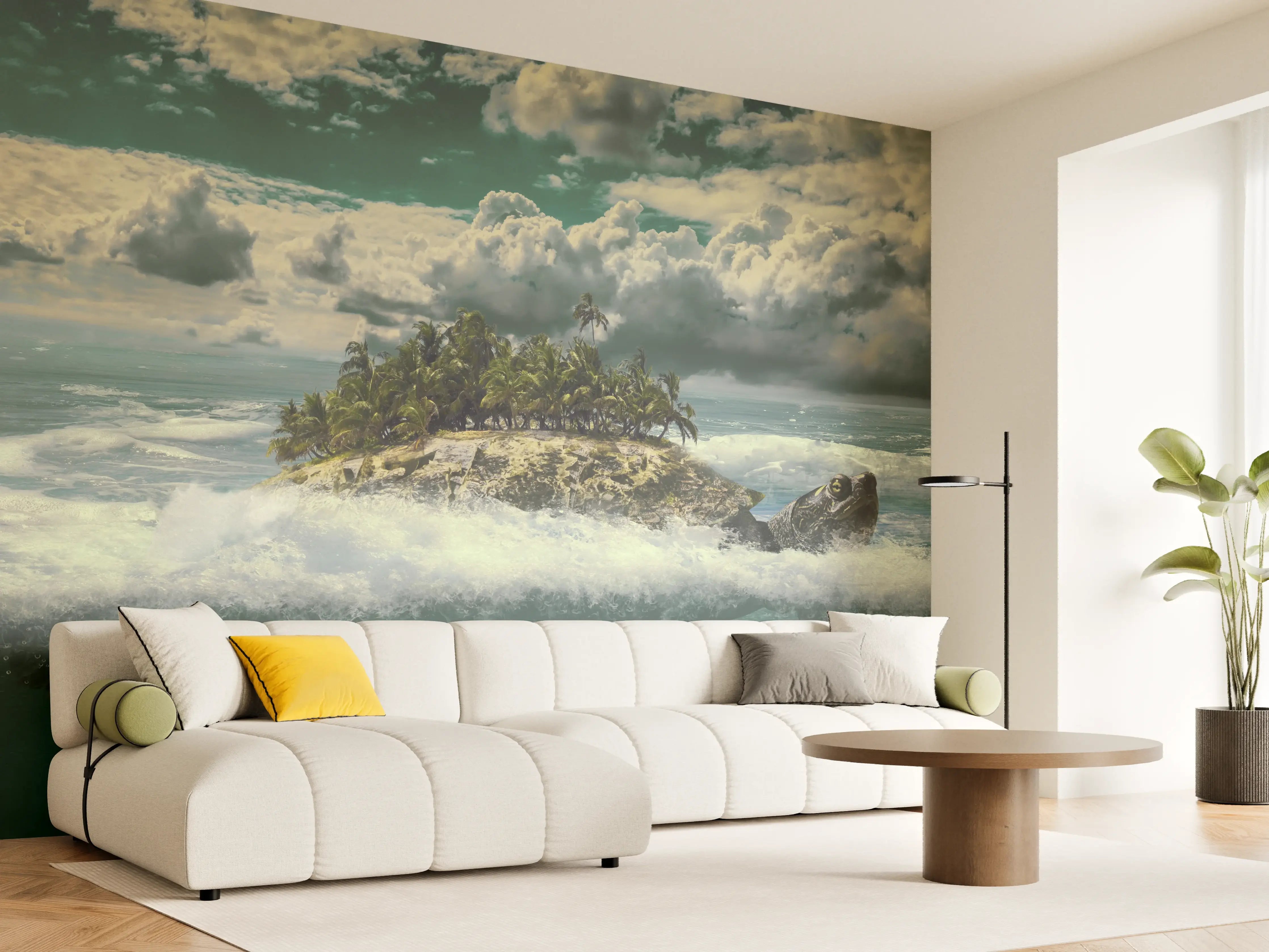 Wandverkleidung Wohnzimmer - Insel im Meer mit unterwasseransicht