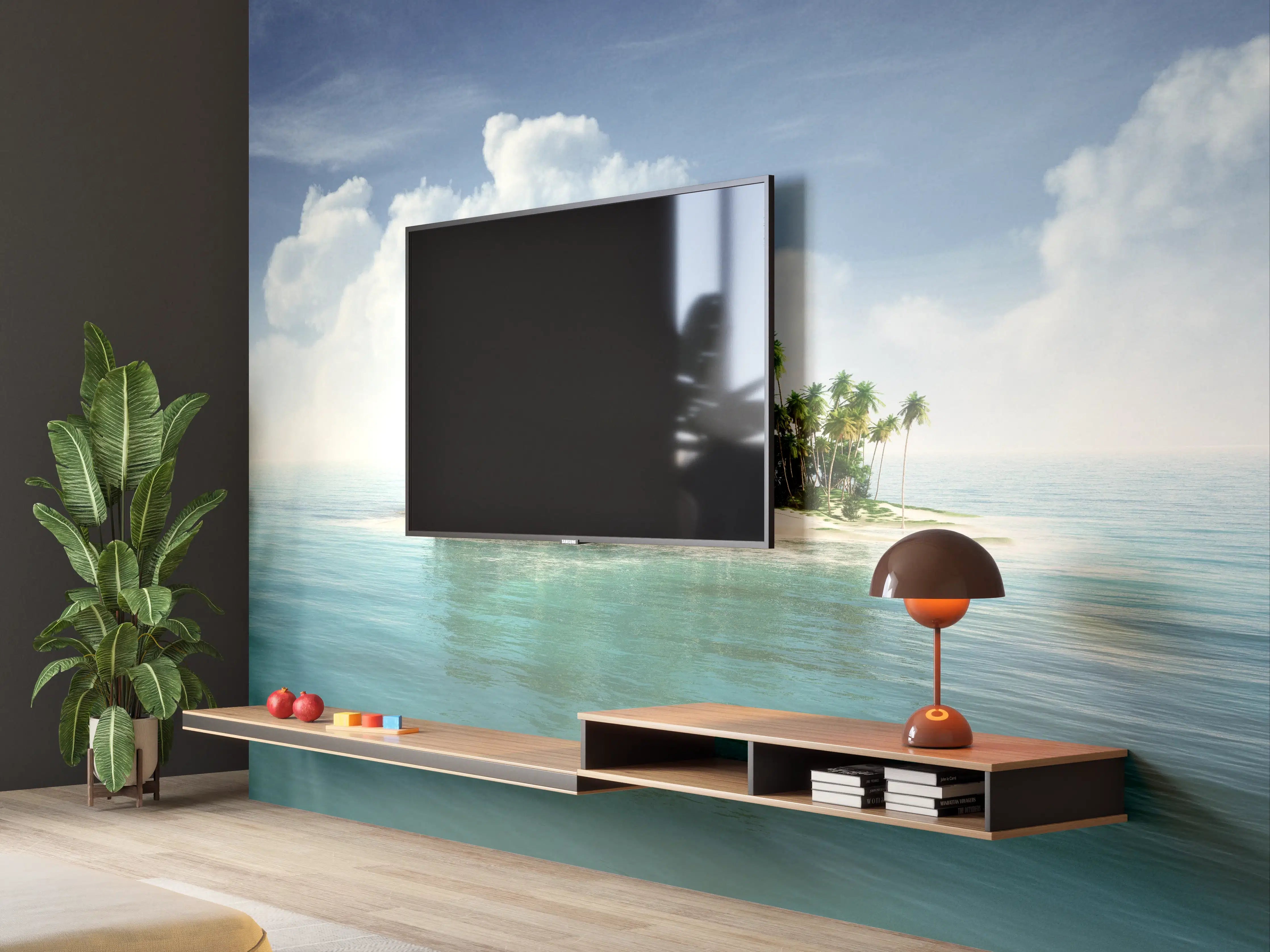Wandverkleidung Wohnzimmer - Insel im türkisblauen Wasser mit Palmen