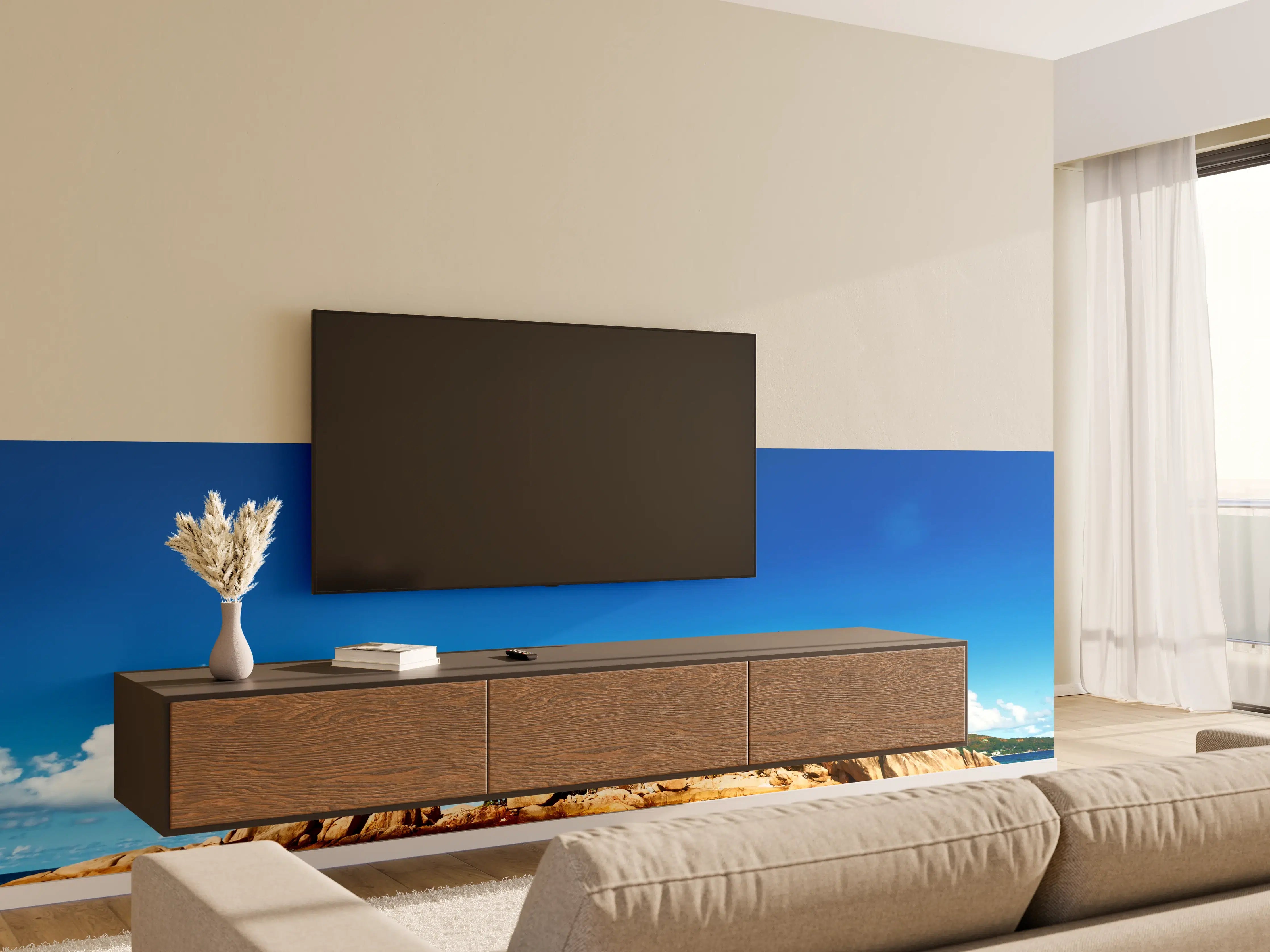 Wandverkleidung Wohnzimmer - Inselparadies im blauen Wasser