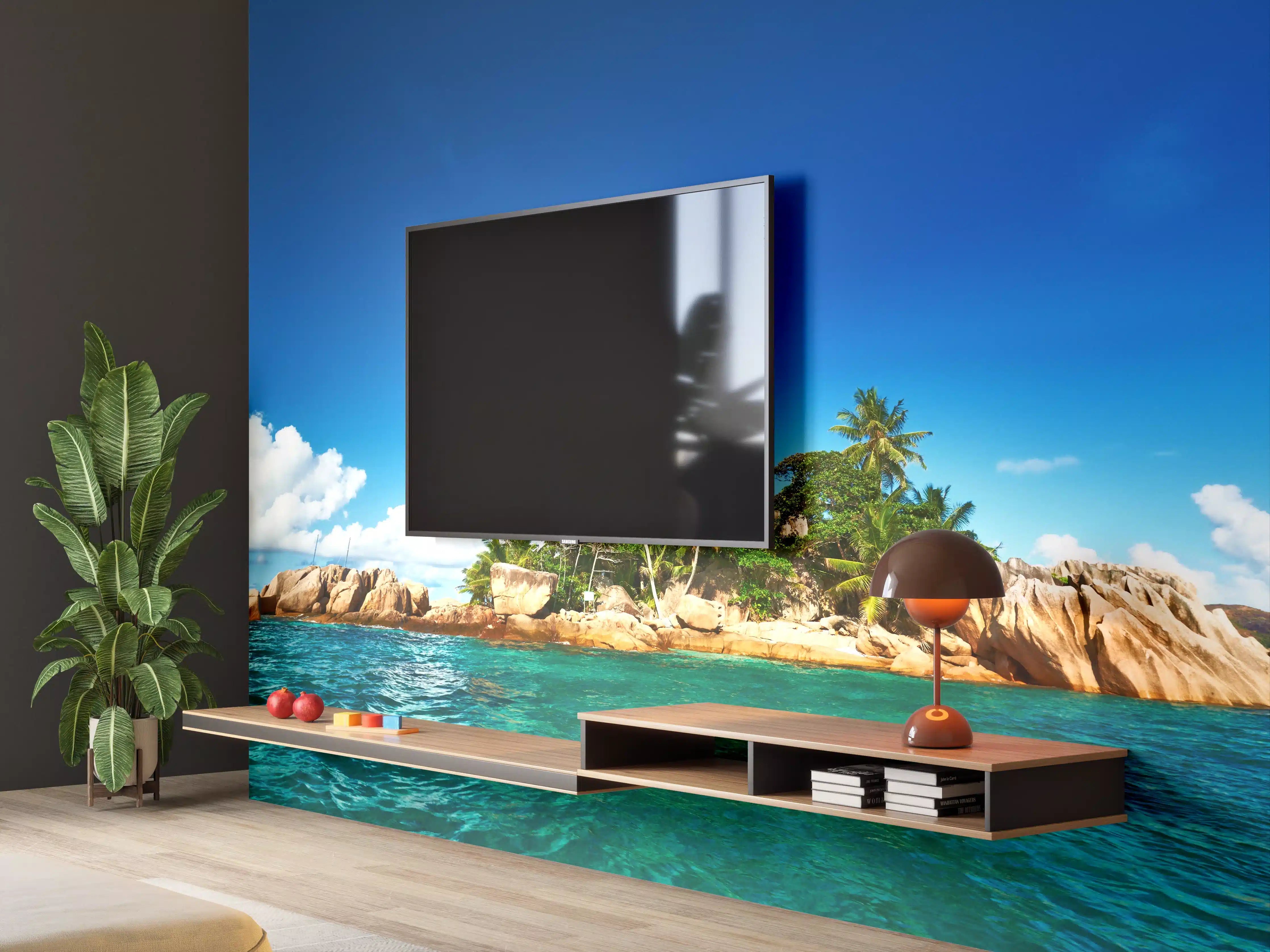 Wandverkleidung Wohnzimmer - Inselparadies im blauen Wasser