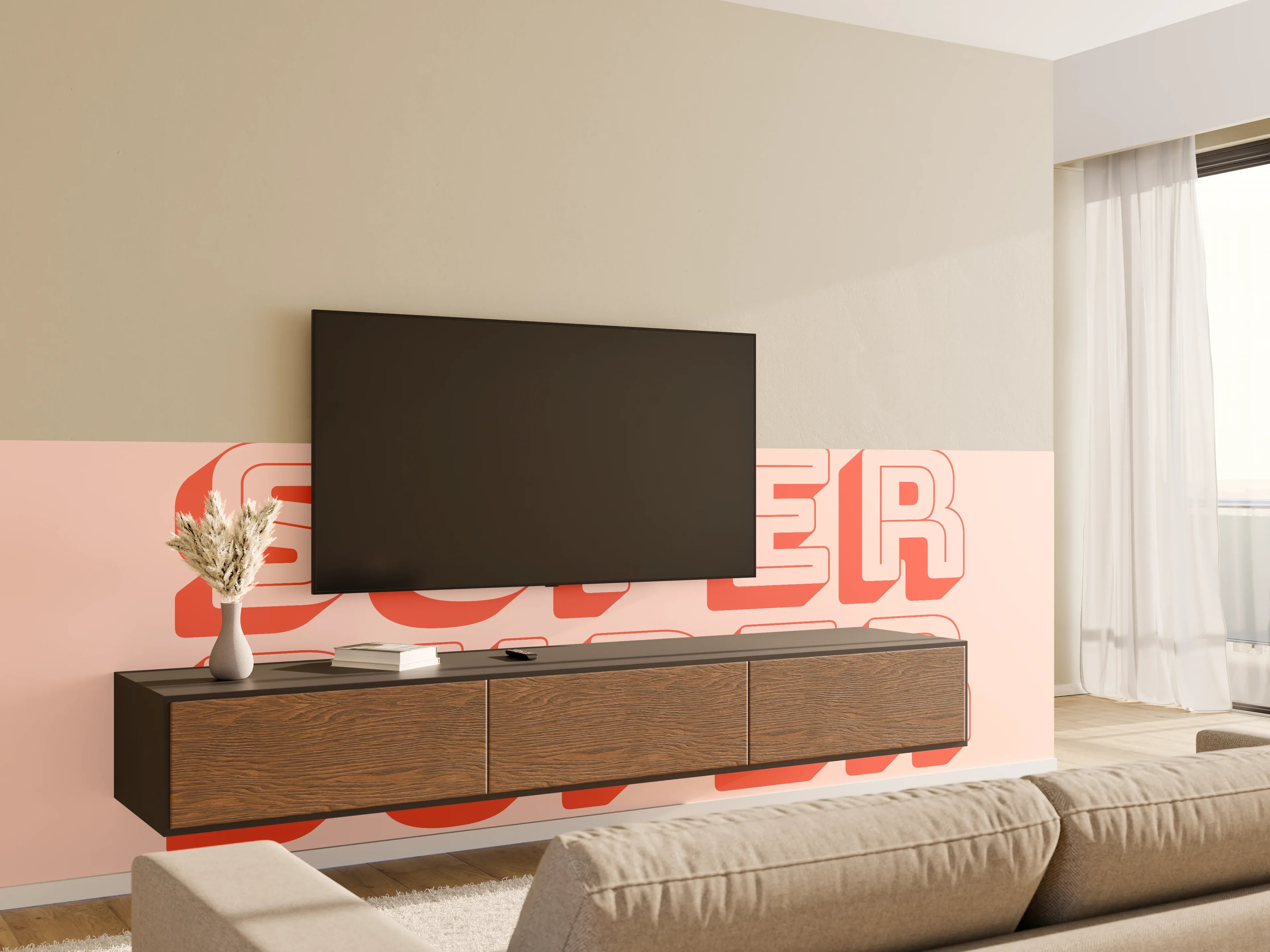 Wandverkleidung Wohnzimmer - Inspirations-Slogan Pink-Weiß