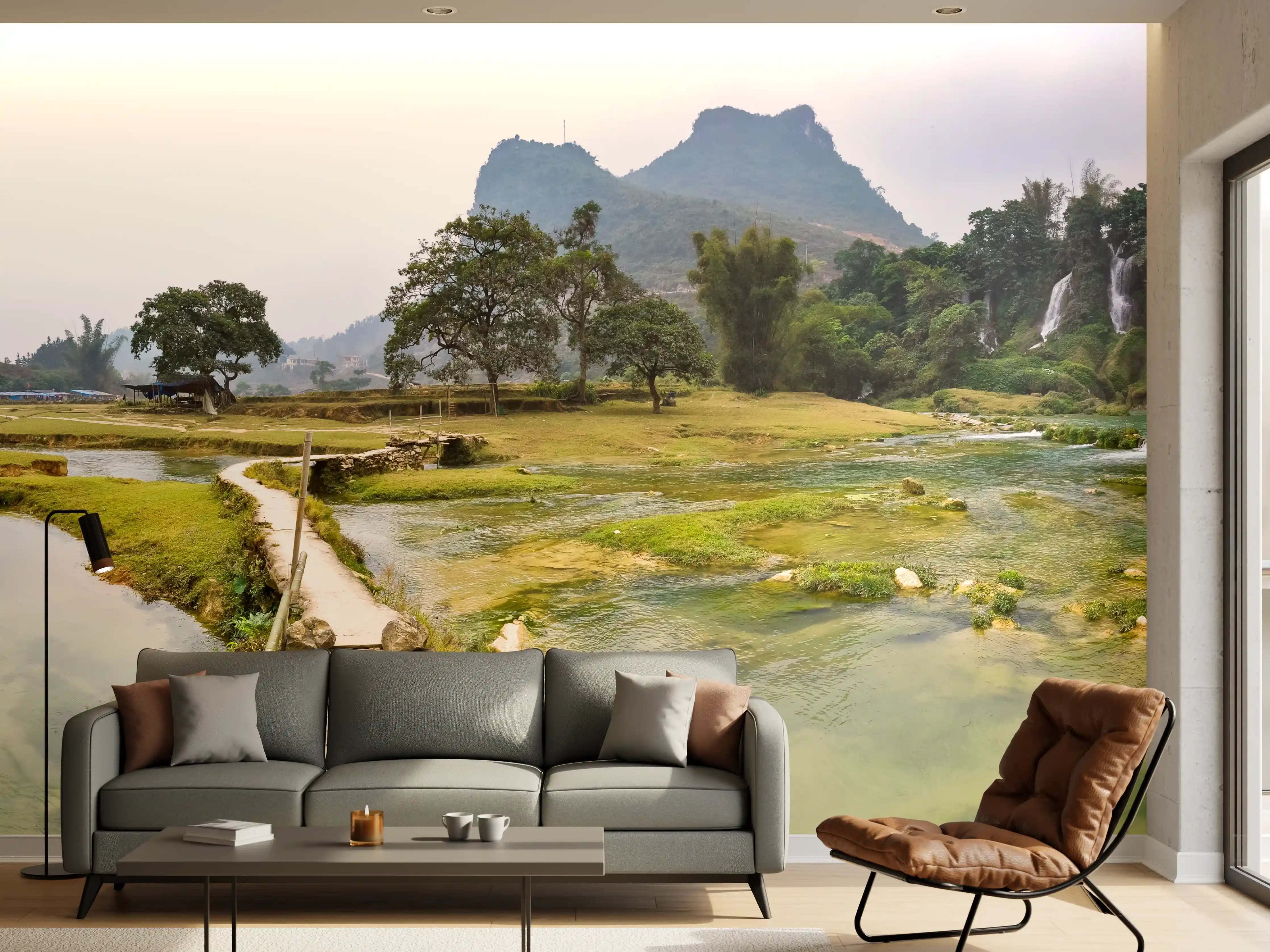 Wandverkleidung Wohnzimmer - Inspirierende Naturaufnahme bei Wasserfällen
