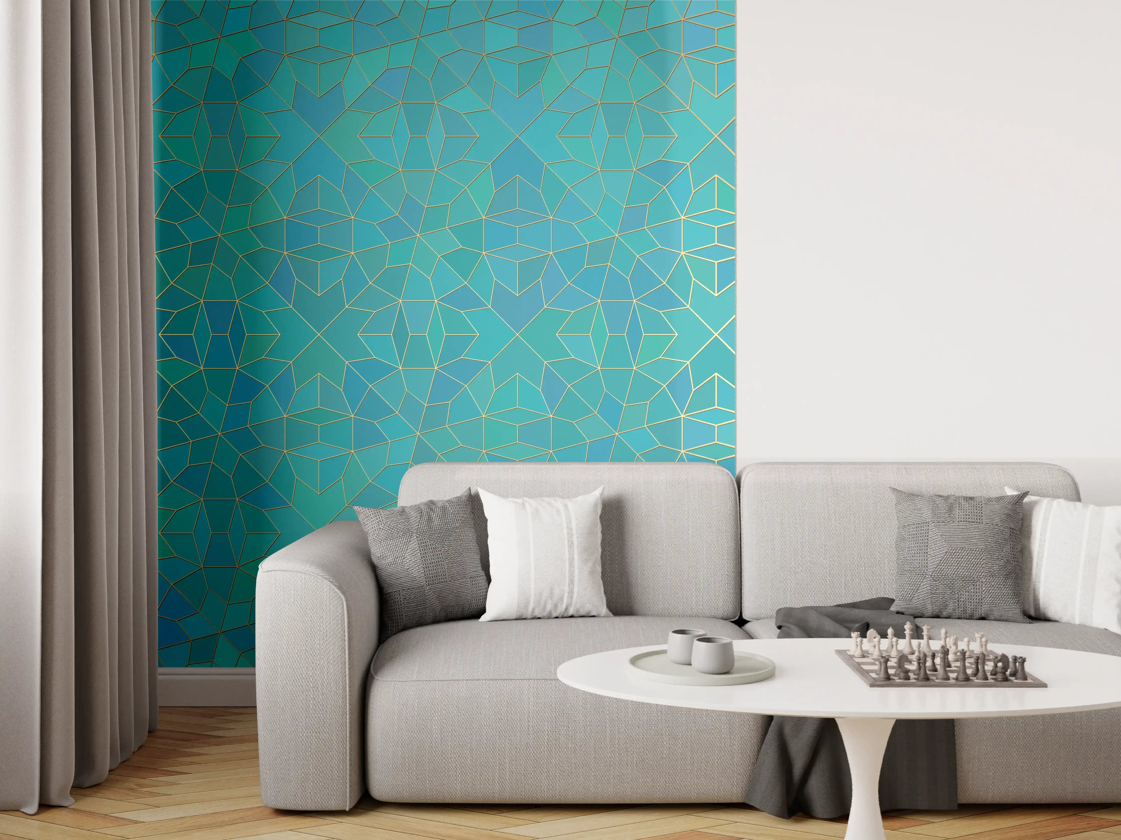 Wandverkleidung Wohnzimmer - Islamische Muster Blauverlauf