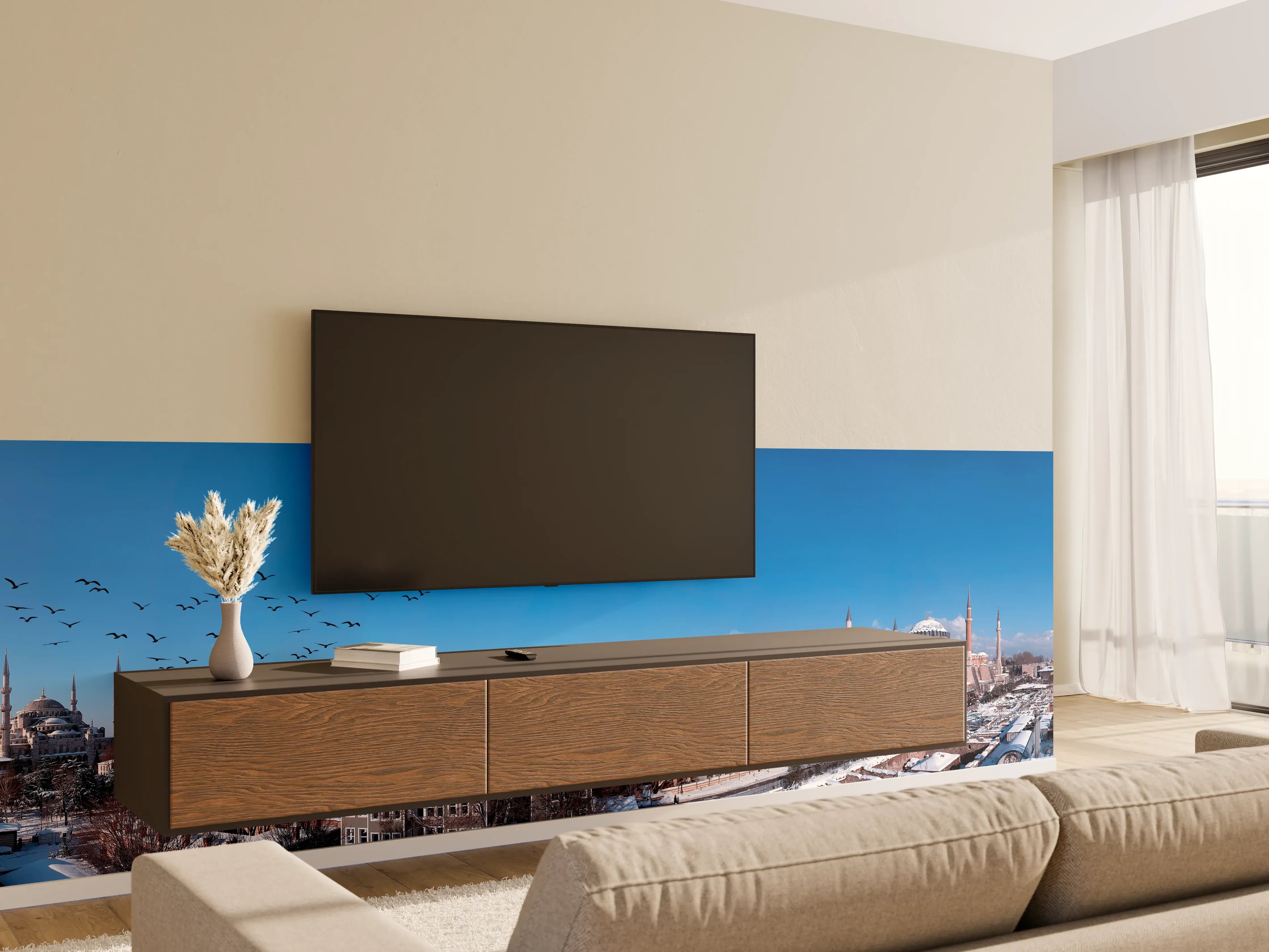 Wandverkleidung Wohnzimmer - Istanbul Skyline Blau-Weiß