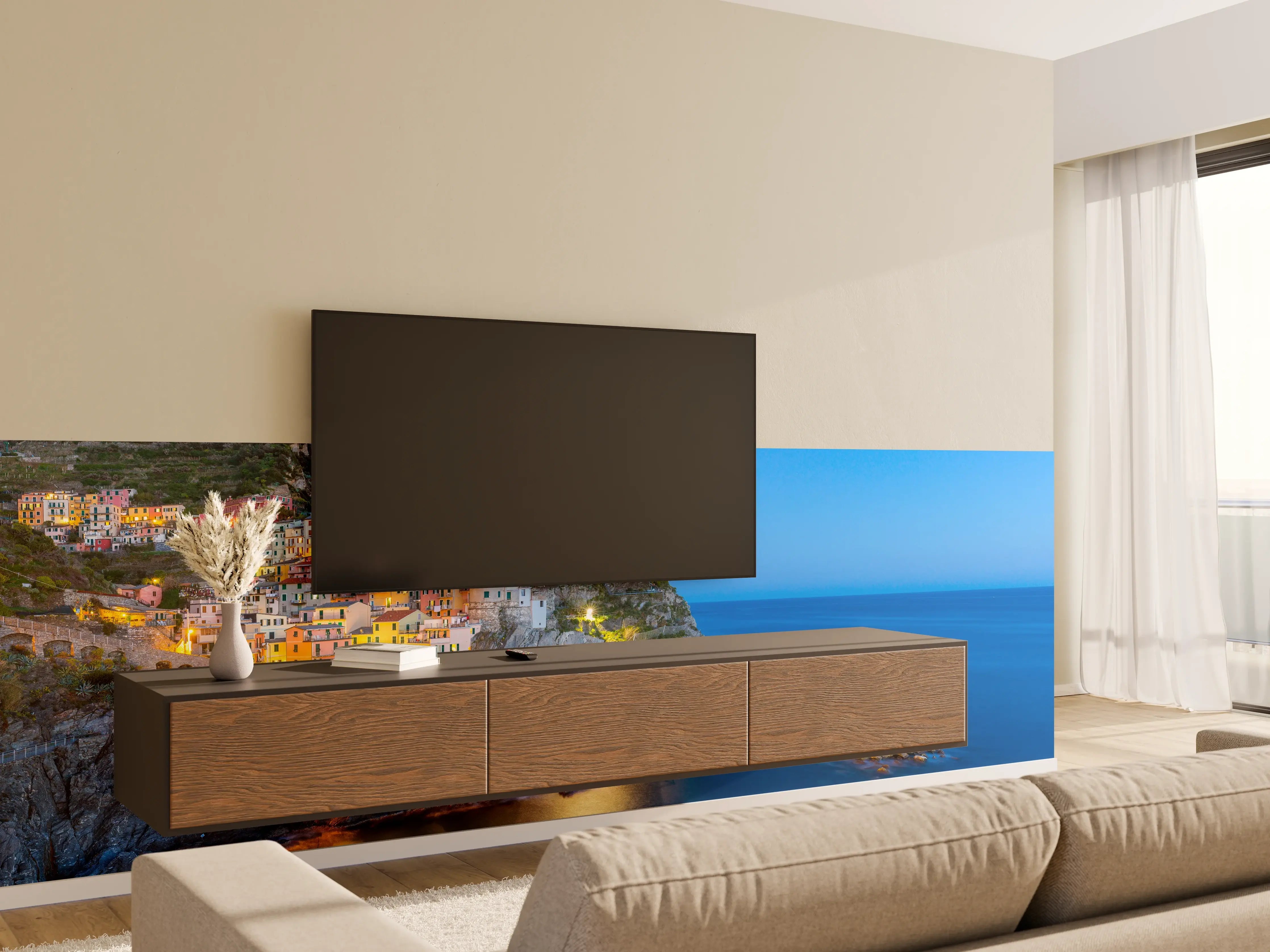 Wandverkleidung Wohnzimmer - Italienische Küstenstadt bei Abendlicht