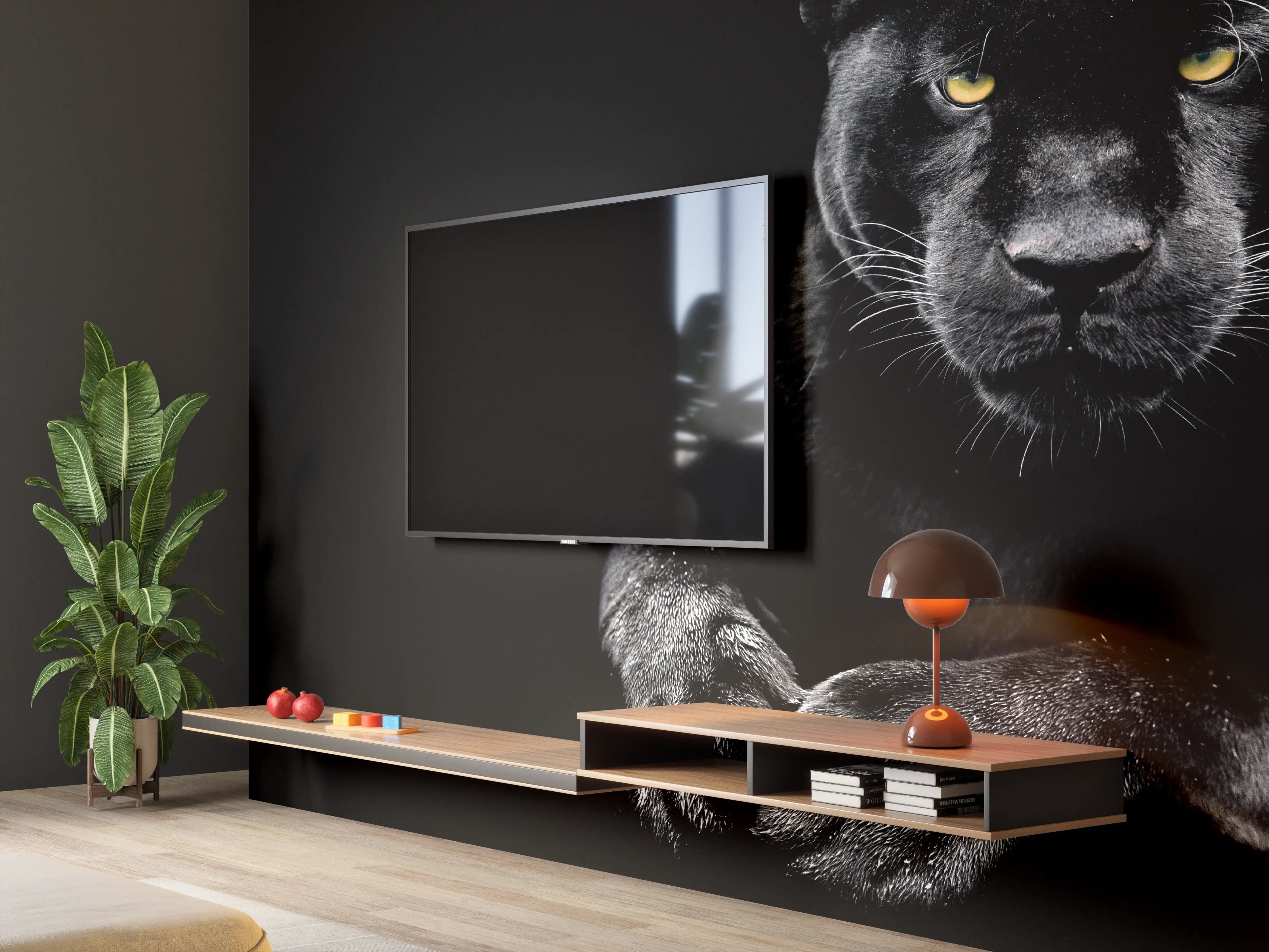 Wandverkleidung Wohnzimmer - Jaguar auf schwarzem Hintergrund