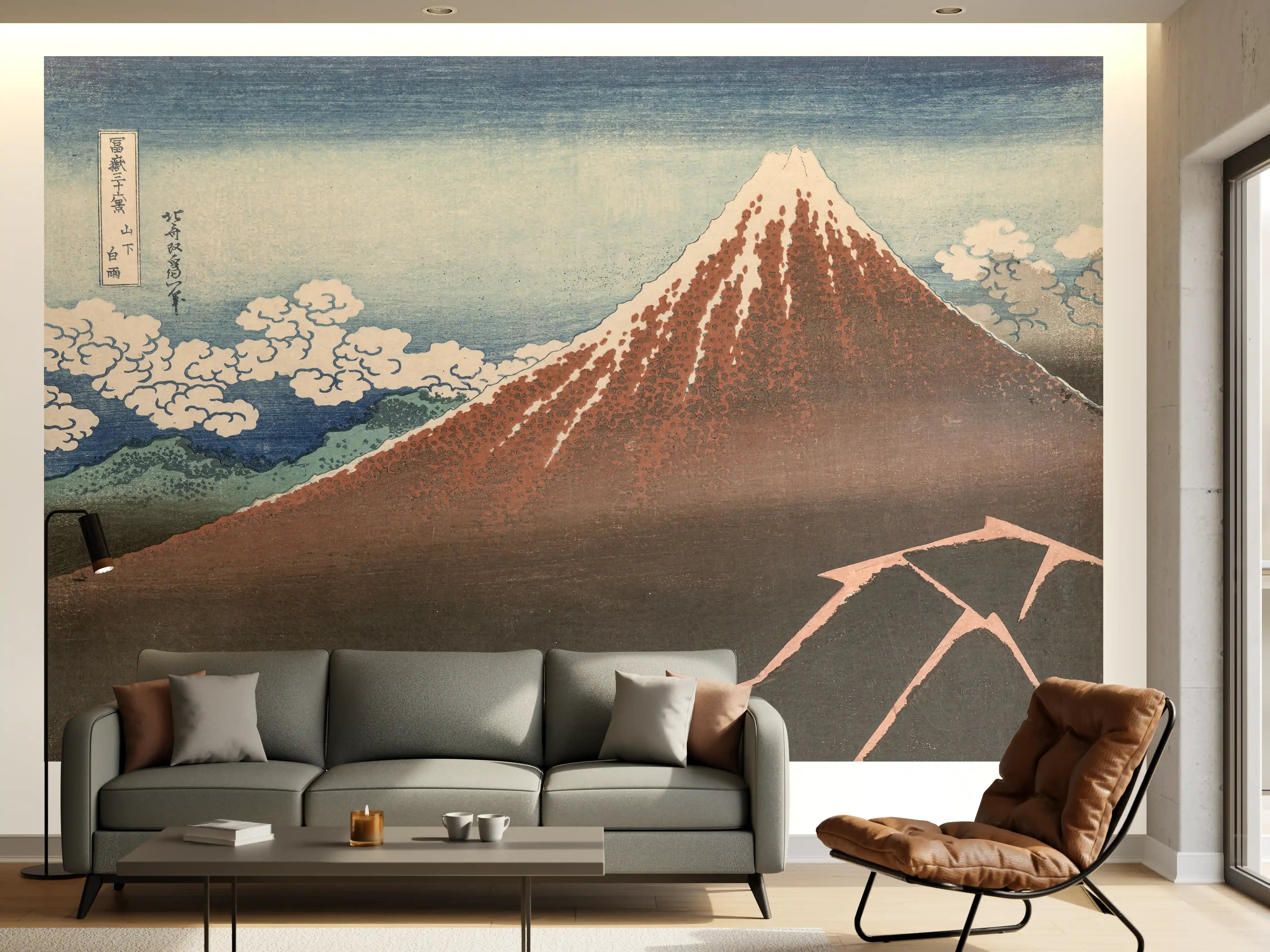 Wandverkleidung Wohnzimmer - Japanischer Berg mit Kirschblüten