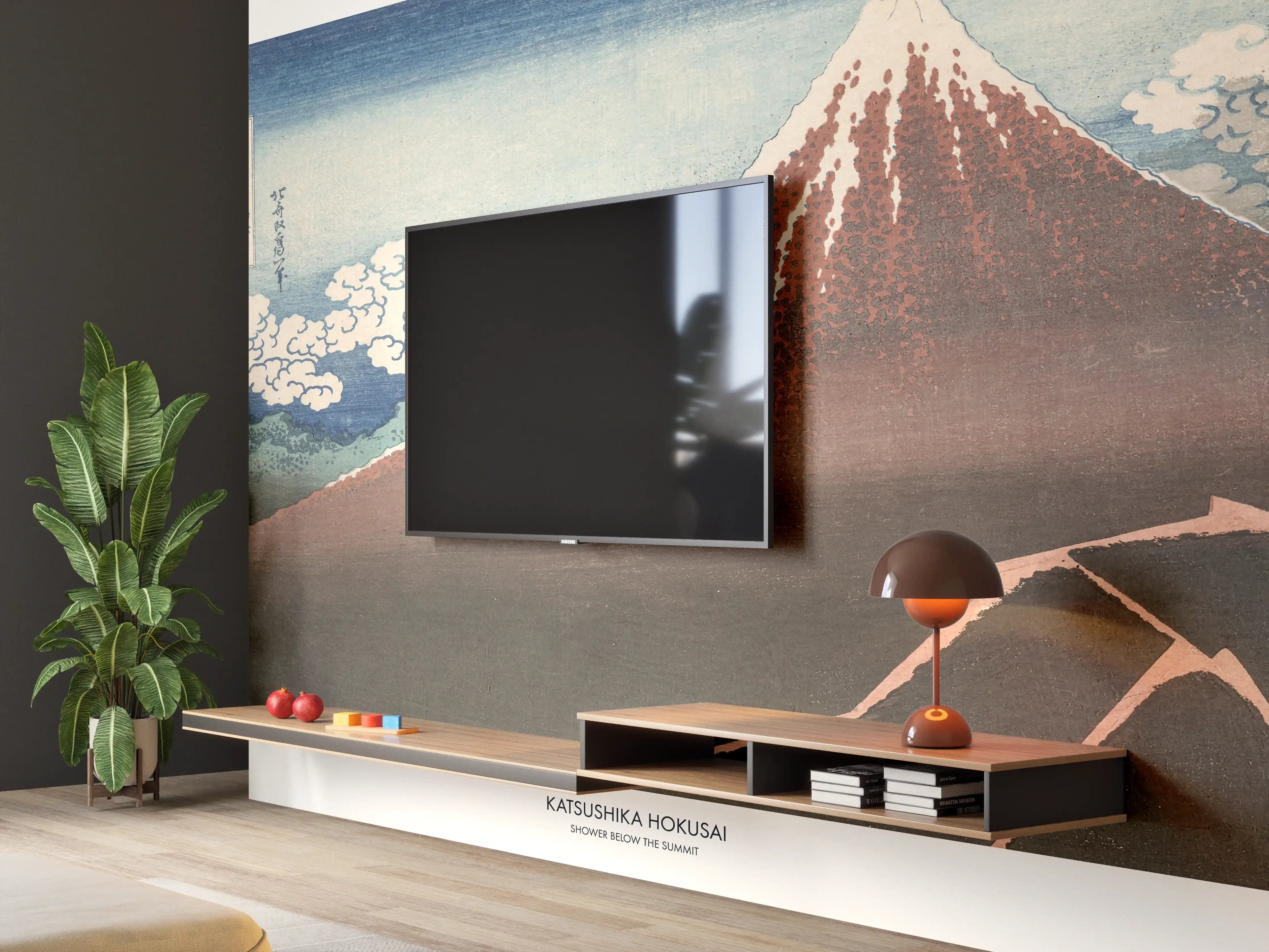 Wandverkleidung Wohnzimmer - Japanischer Berg mit Kirschblüten