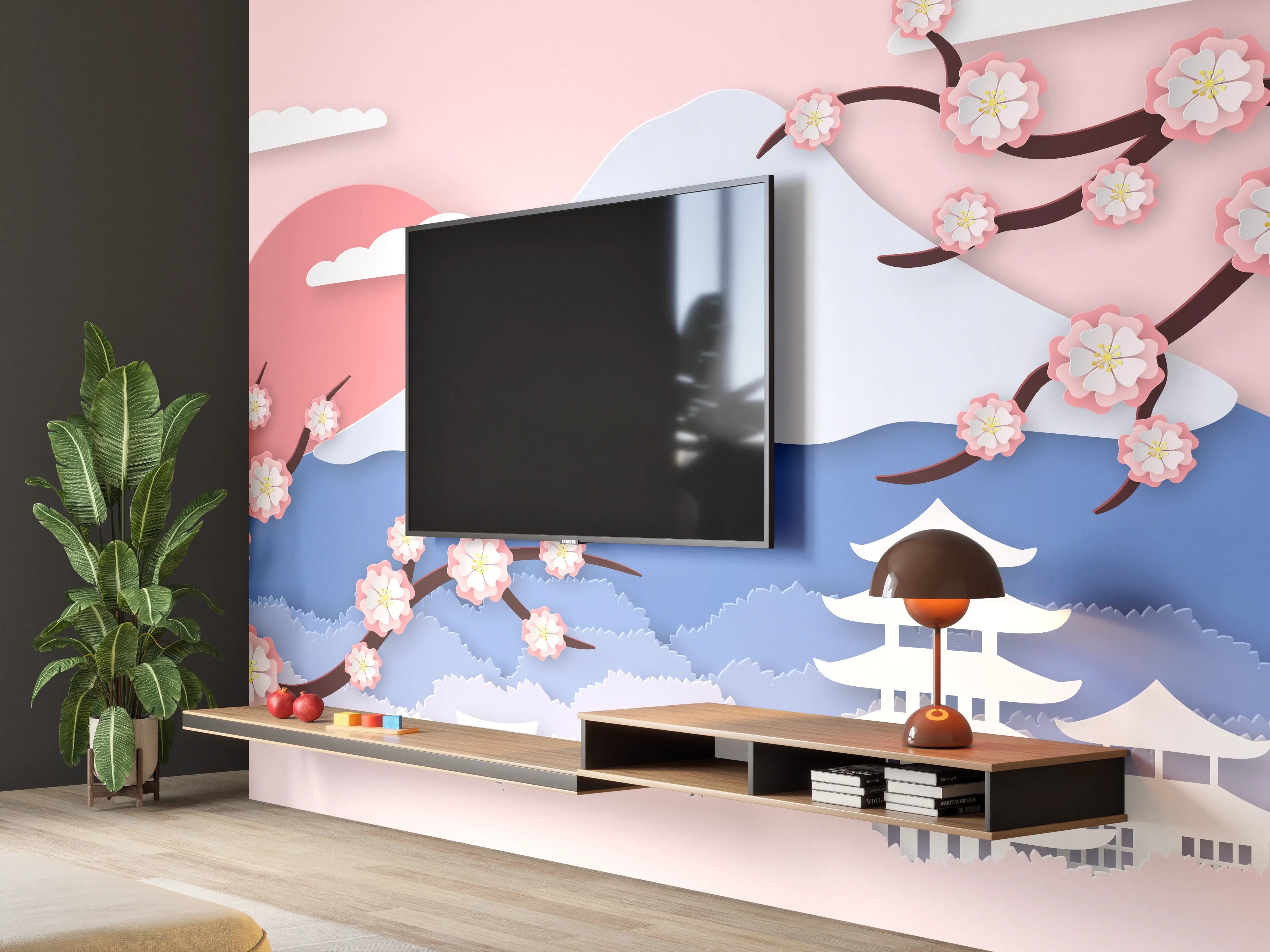 Wandverkleidung Wohnzimmer - Japanischer Kirschblüten-Ansicht