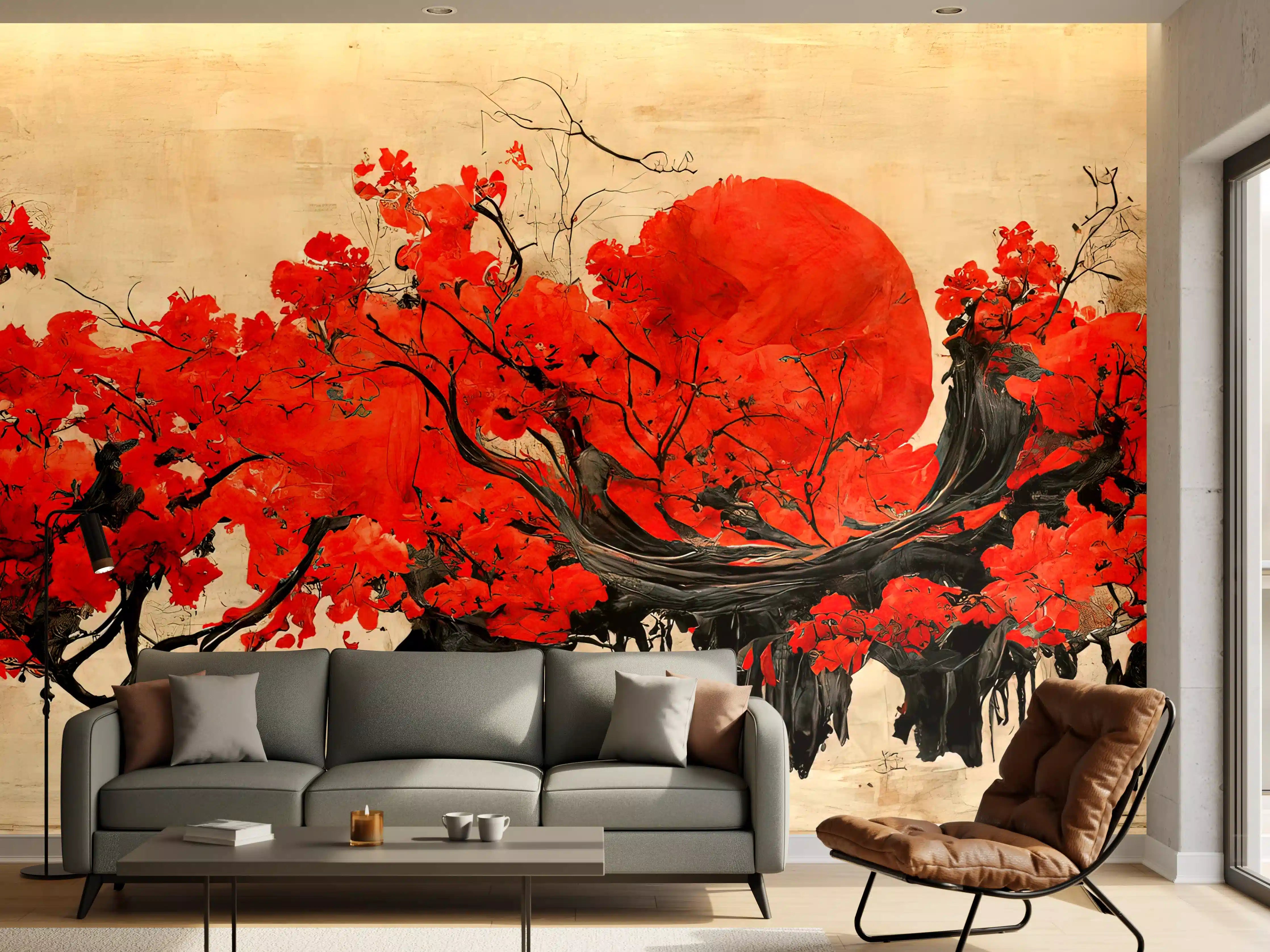 Wandverkleidung Wohnzimmer - Japanischer Kirschblütenbaum mit rotem Mond