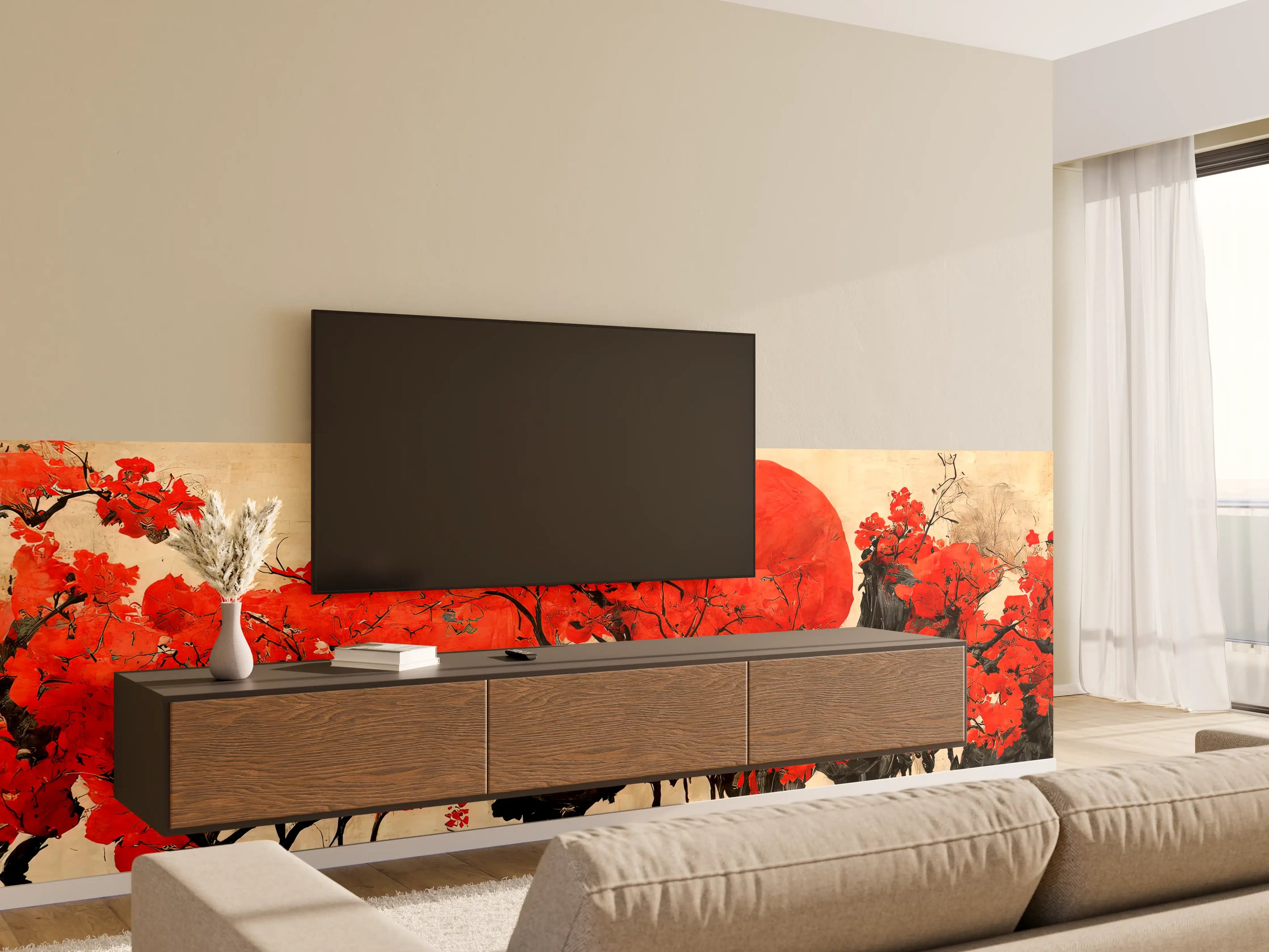 Wandverkleidung Wohnzimmer - Japanischer Kirschblütenbaum mit rotem Mond