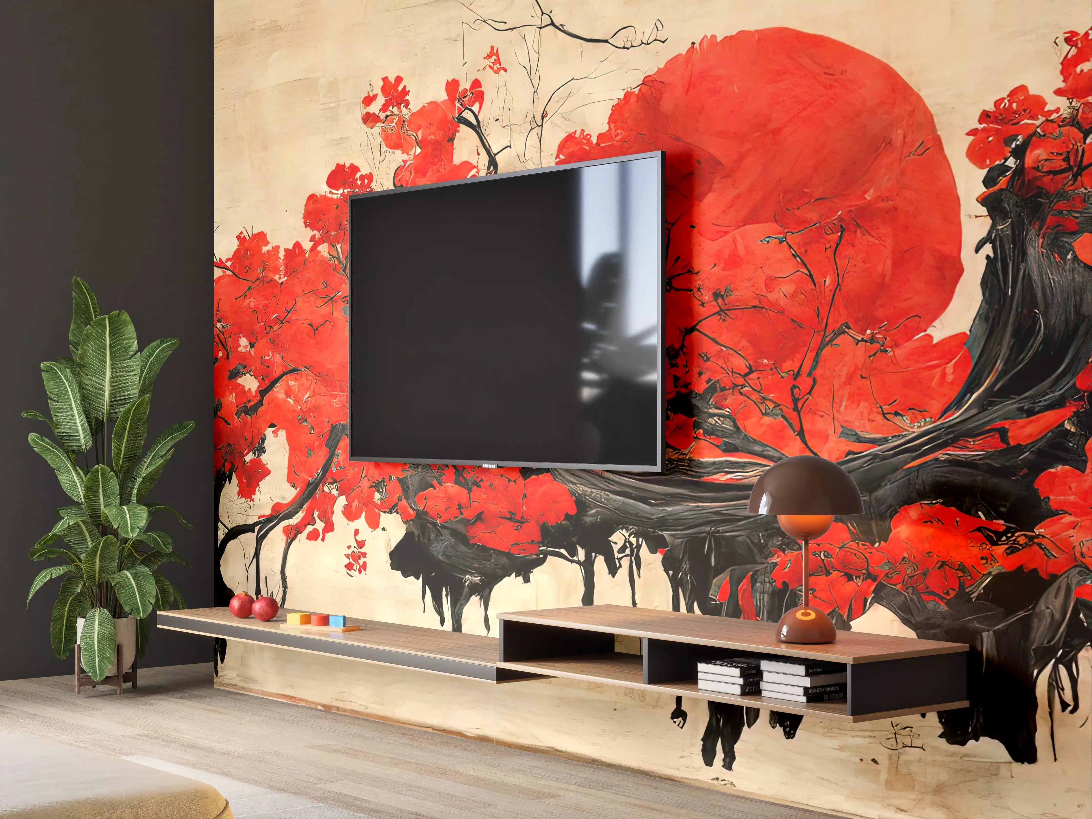 Wandverkleidung Wohnzimmer - Japanischer Kirschblütenbaum mit rotem Mond