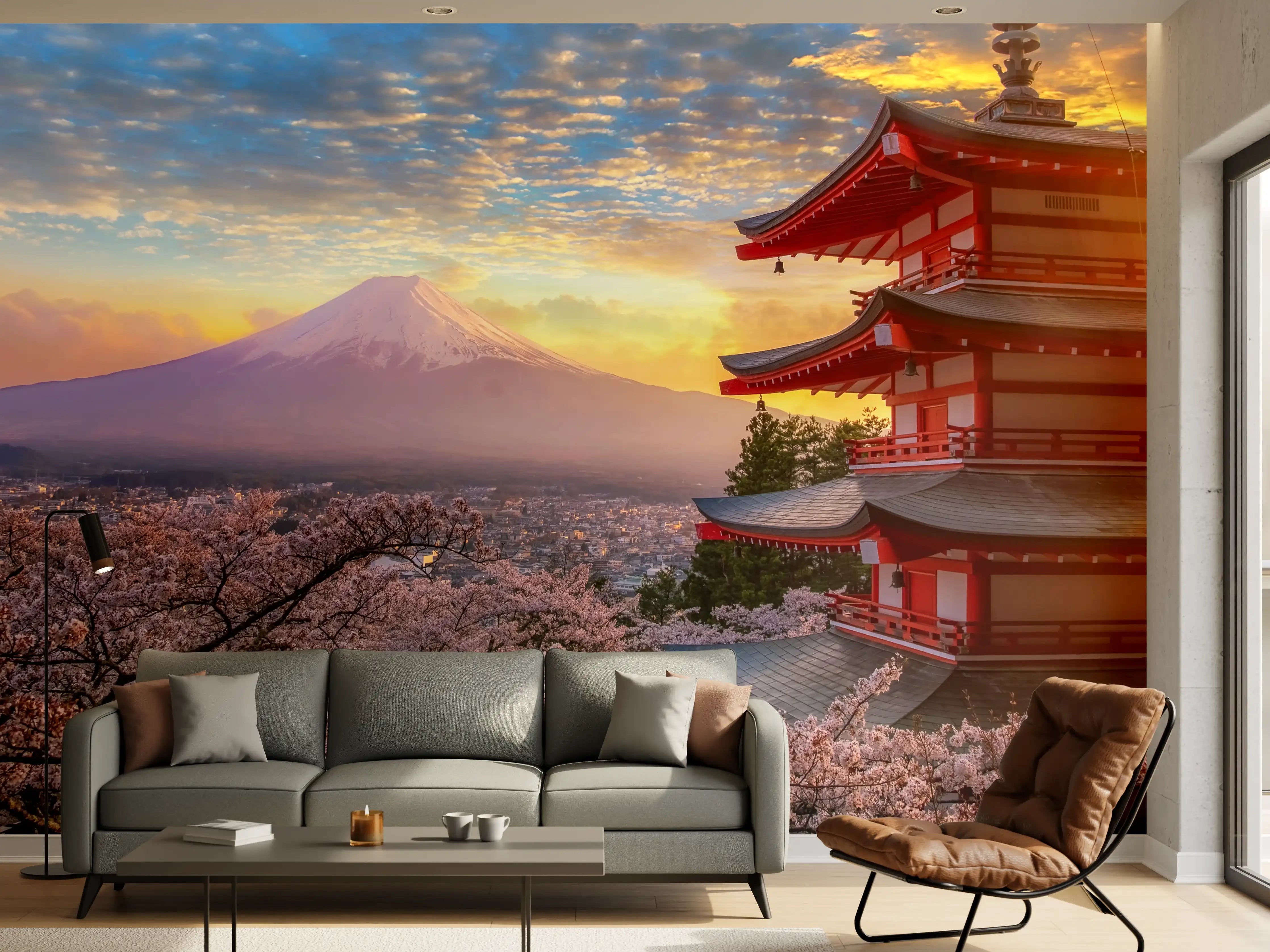 Wandverkleidung Wohnzimmer - Japanischer Tempel mit Mount Fuji im Sonnenuntergang