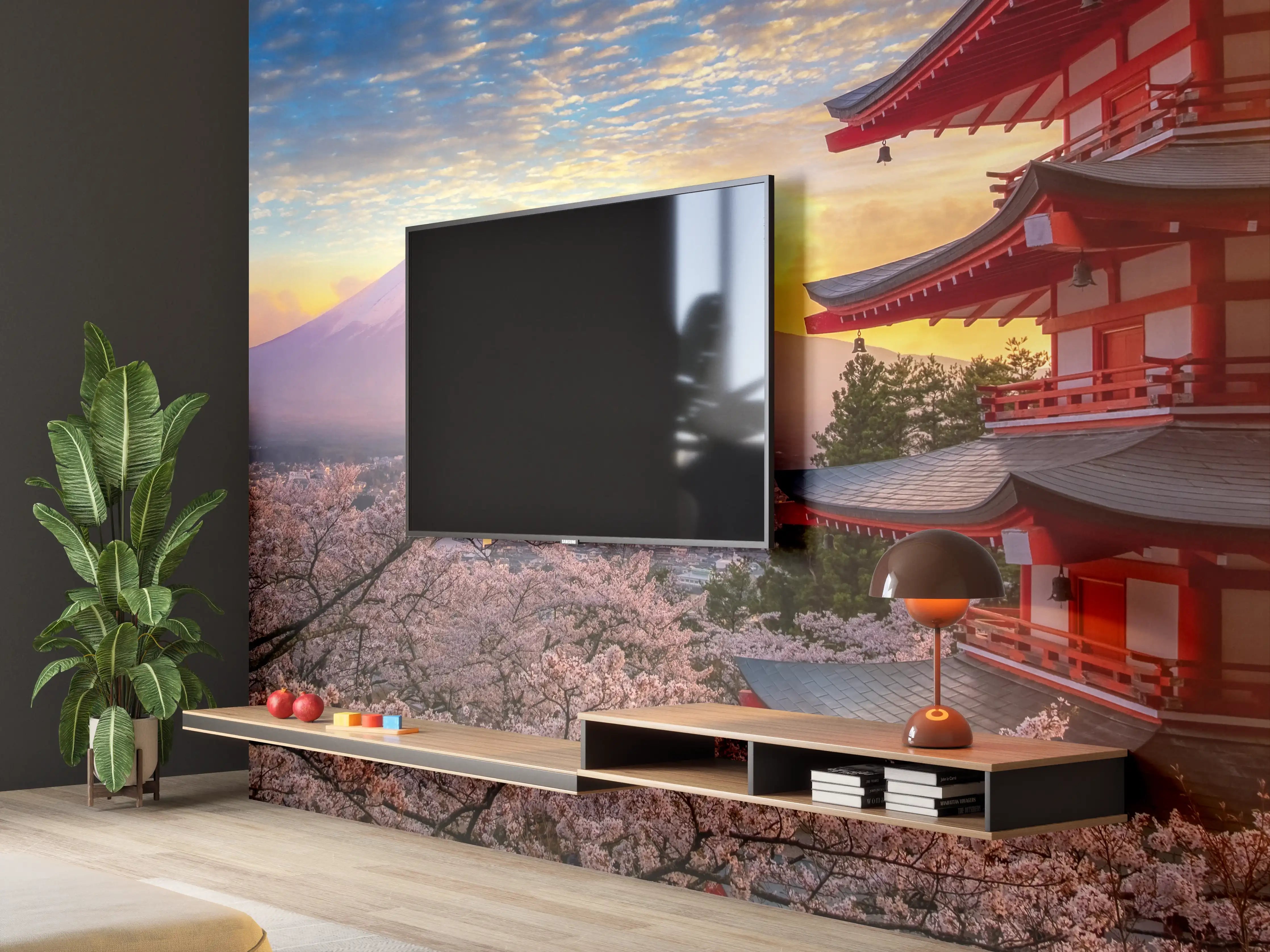 Wandverkleidung Wohnzimmer - Japanischer Tempel mit Mount Fuji im Sonnenuntergang