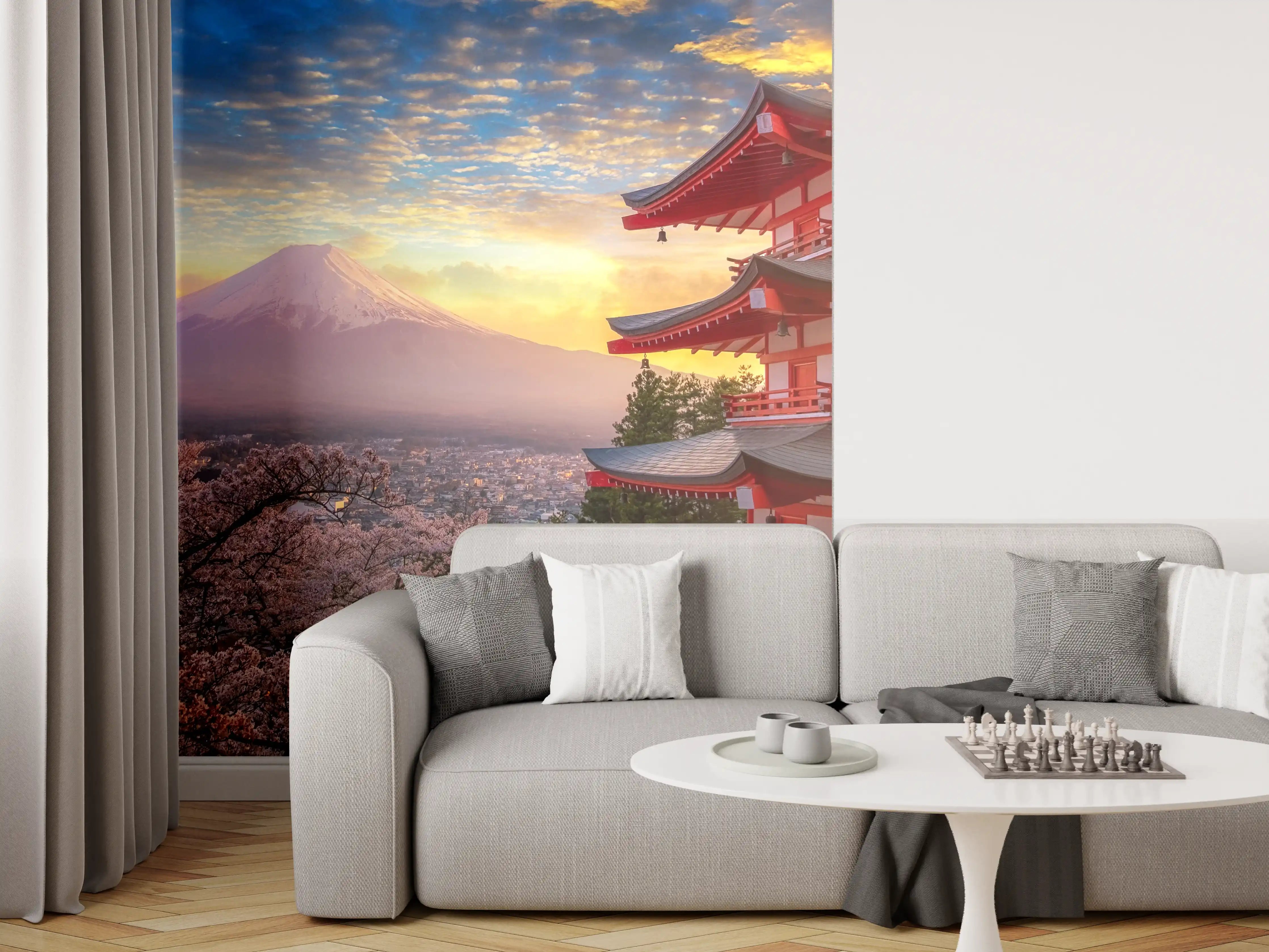 Wandverkleidung Wohnzimmer - Japanischer Tempel mit Mount Fuji im Sonnenuntergang