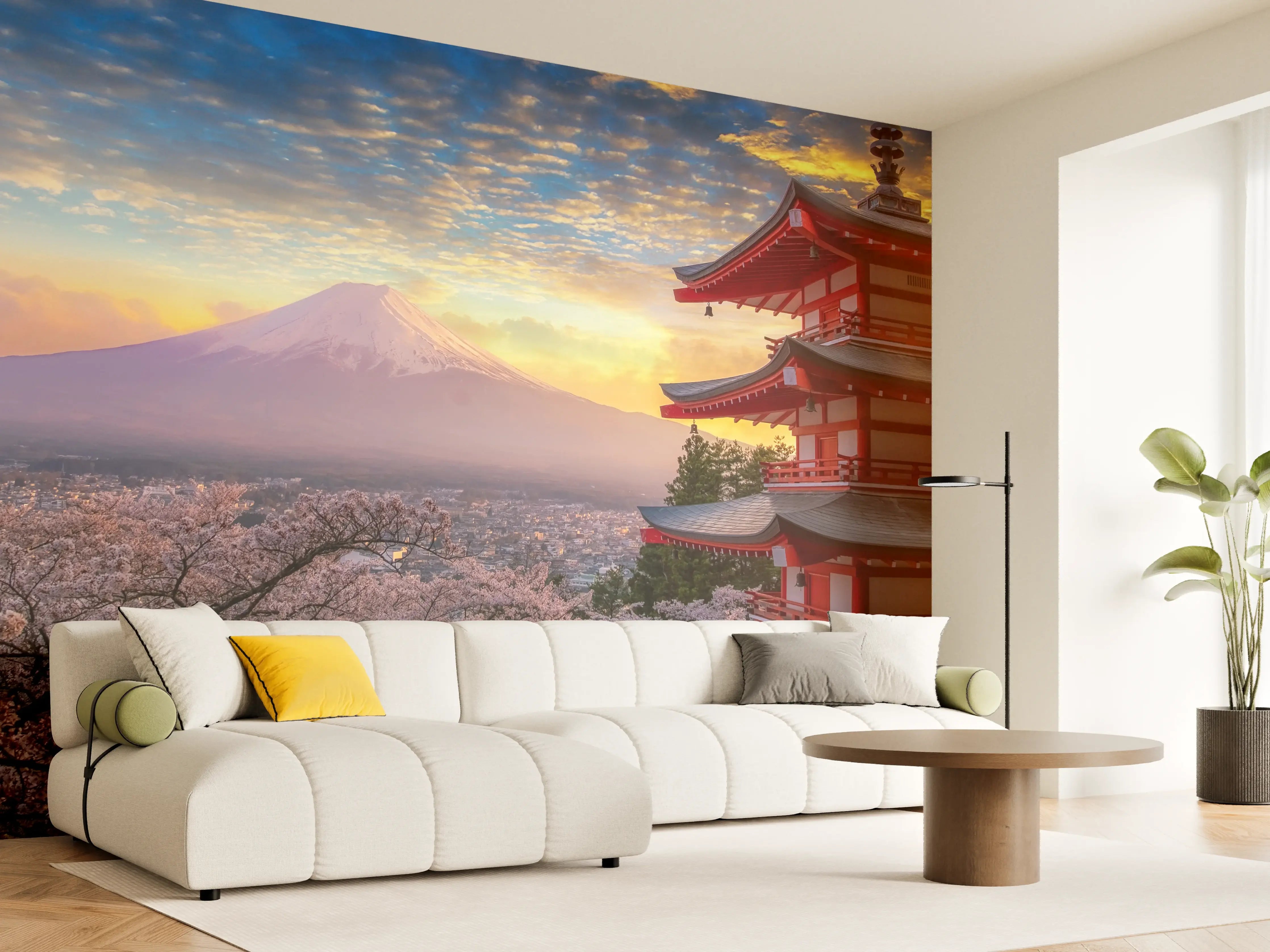 Wandverkleidung Wohnzimmer - Japanischer Tempel mit Mount Fuji im Sonnenuntergang
