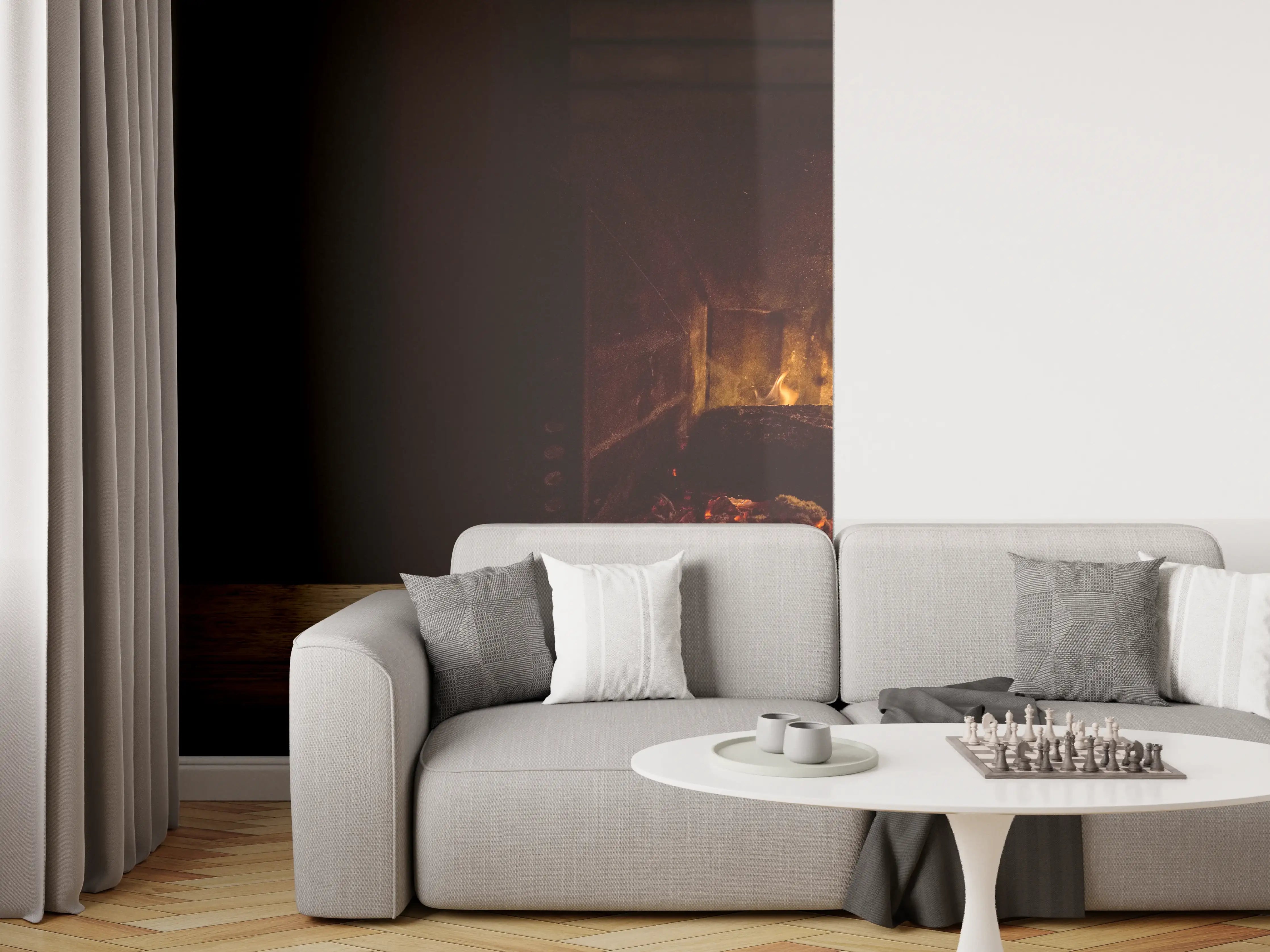 Wandverkleidung Wohnzimmer - Kaminfeuer vor Holztisch