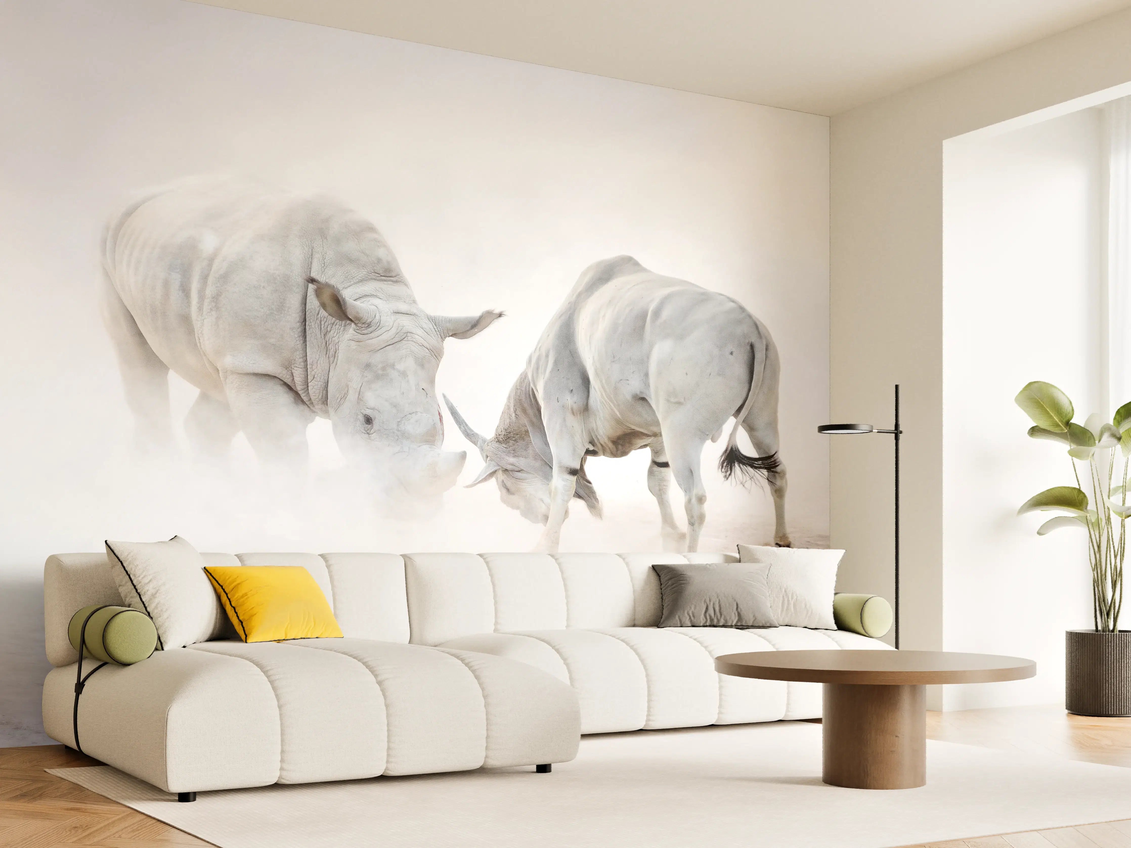 Wandverkleidung Wohnzimmer - Kampf zwischen Nashorn und Oryx