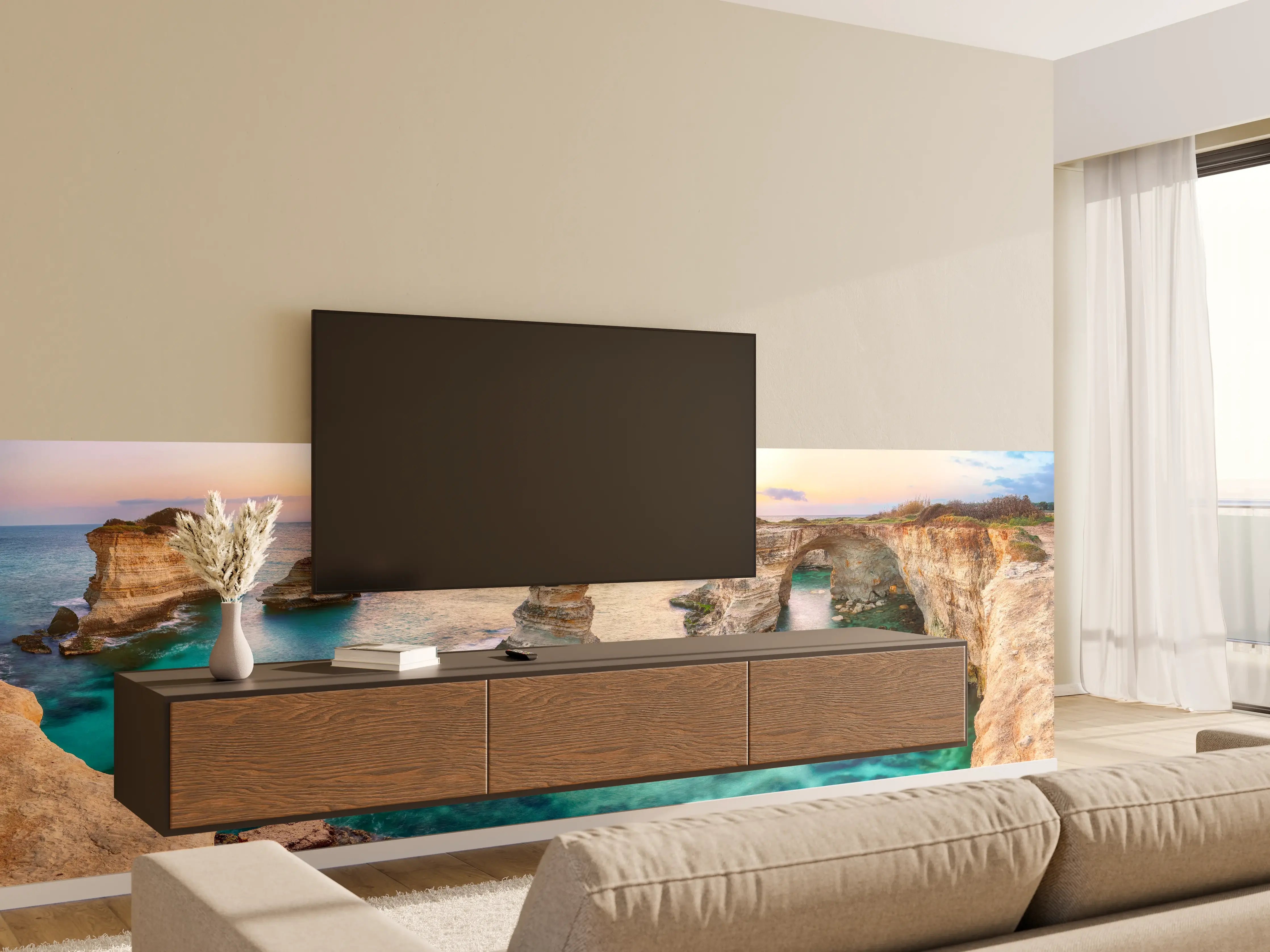 Wandverkleidung Wohnzimmer - Karibisches Küstenpanorama mit klarem Wasser