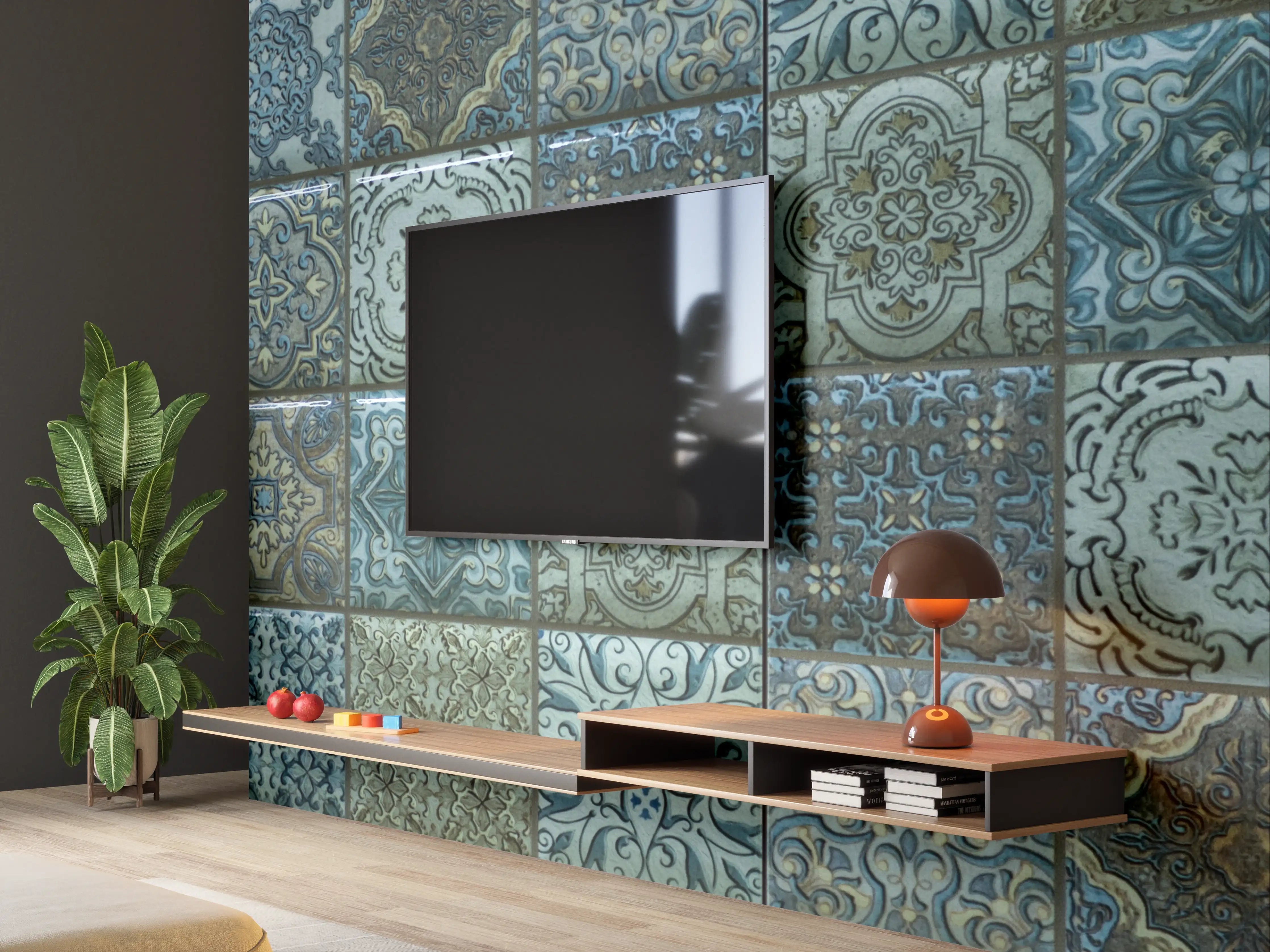 Wandverkleidung Wohnzimmer - Kaskadierende Fliesen in Blau- und Grüntönen