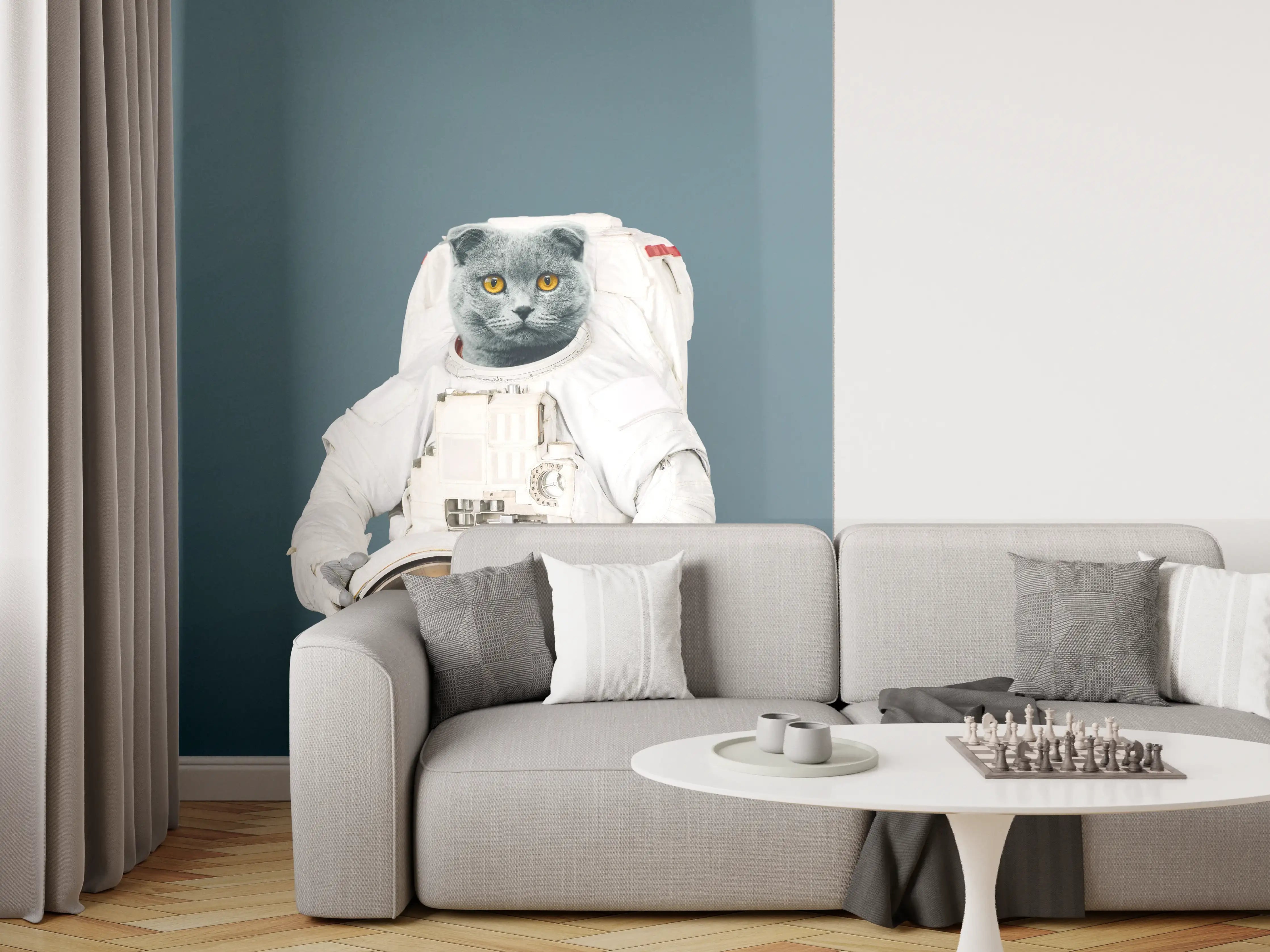 Wandverkleidung Wohnzimmer - Katzen-Astronaut Grau-Helm